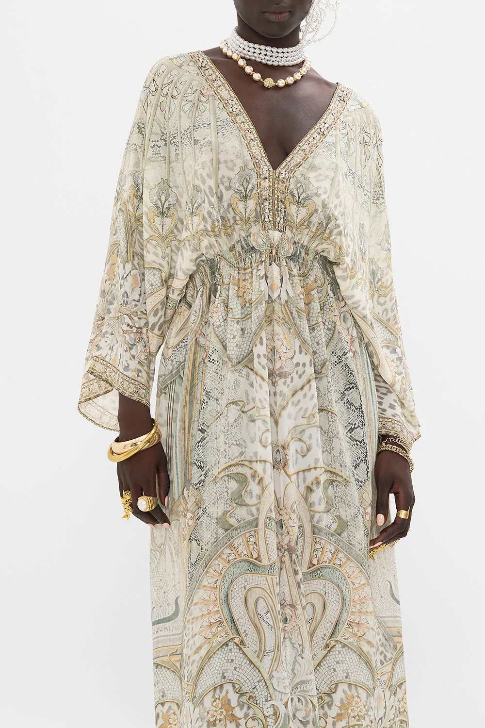 V NECK LONG DRESS WITH SHIRRING IVORY TOWER TALES