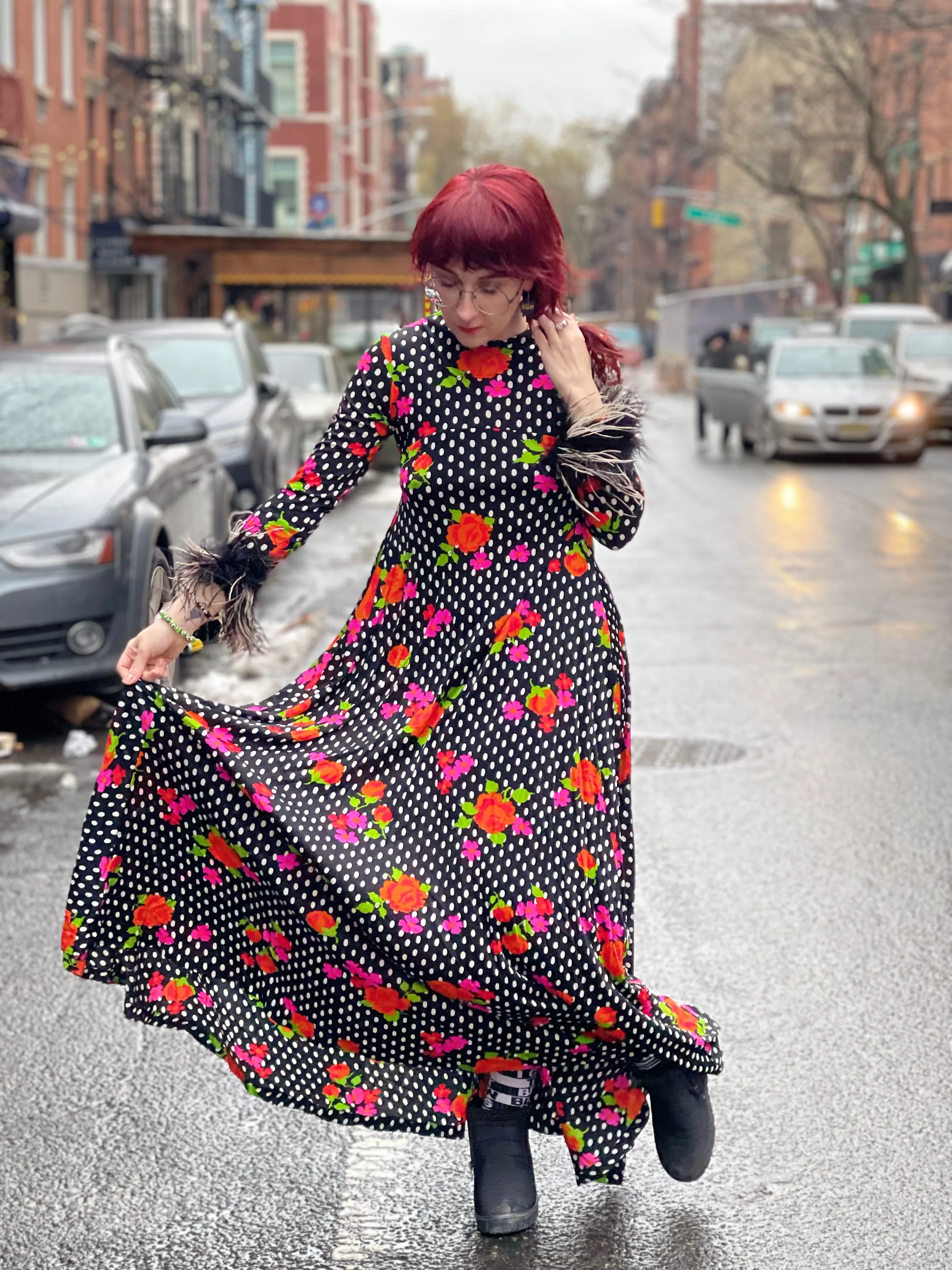 Vintage 70s Polka Dot Ostrich Feather Maxi Dress