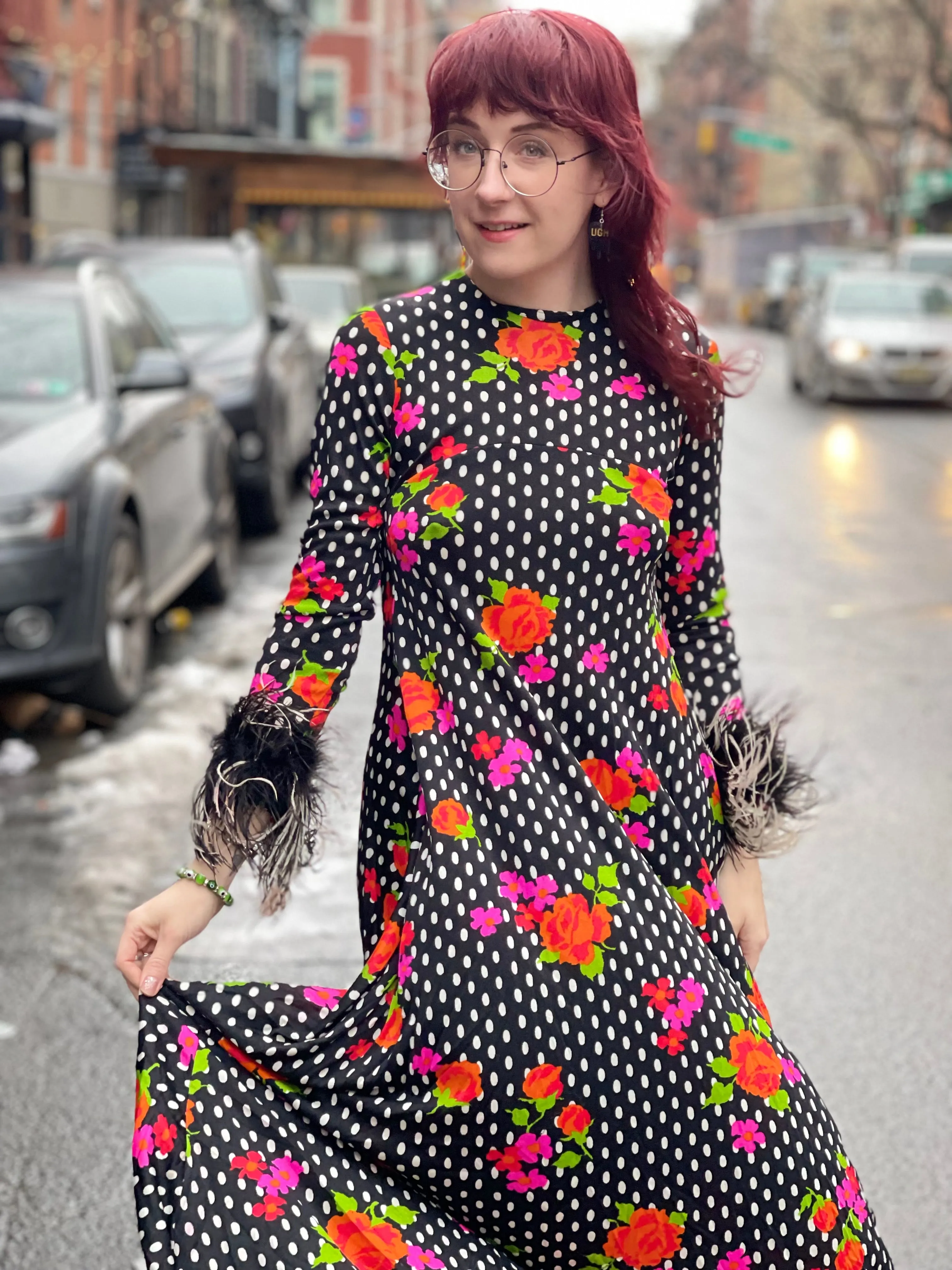 Vintage 70s Polka Dot Ostrich Feather Maxi Dress