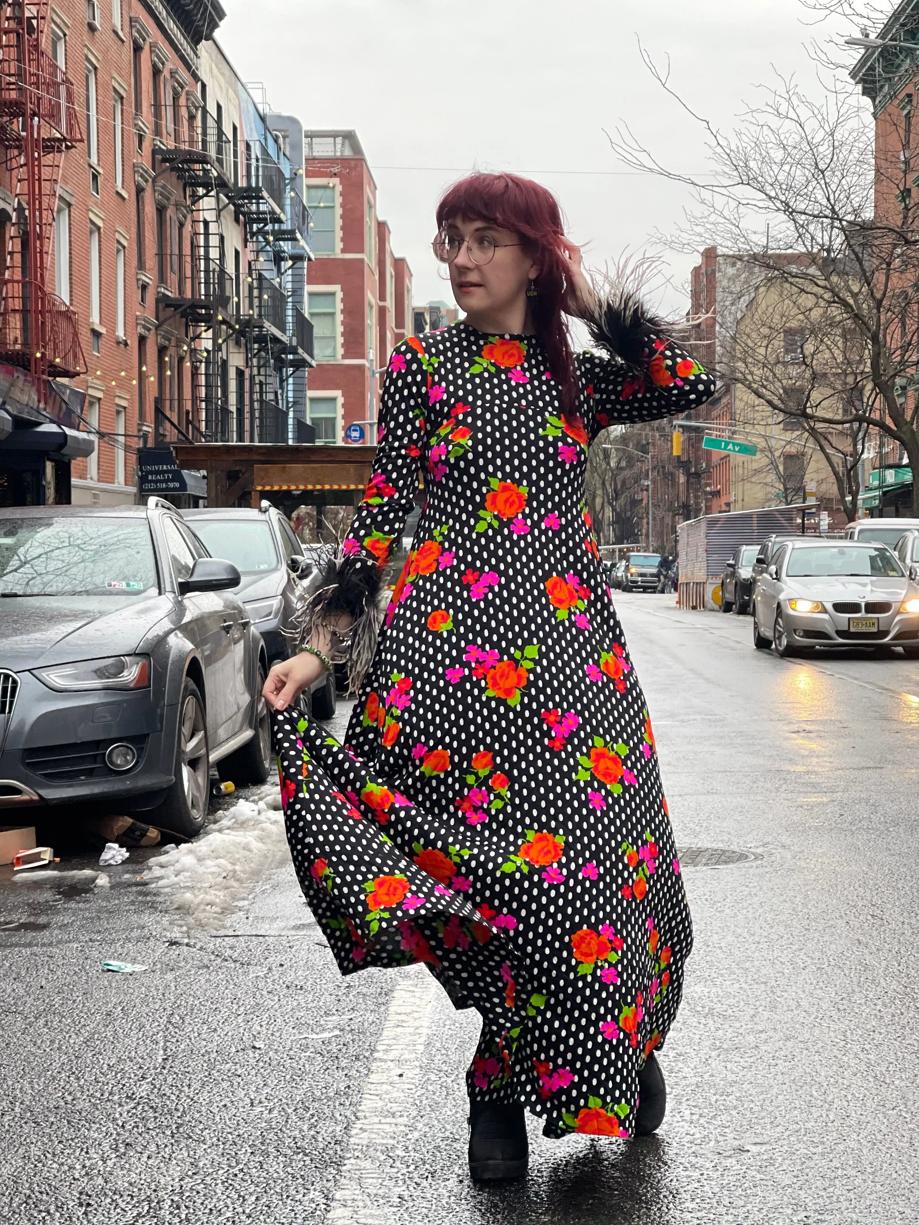 Vintage 70s Polka Dot Ostrich Feather Maxi Dress