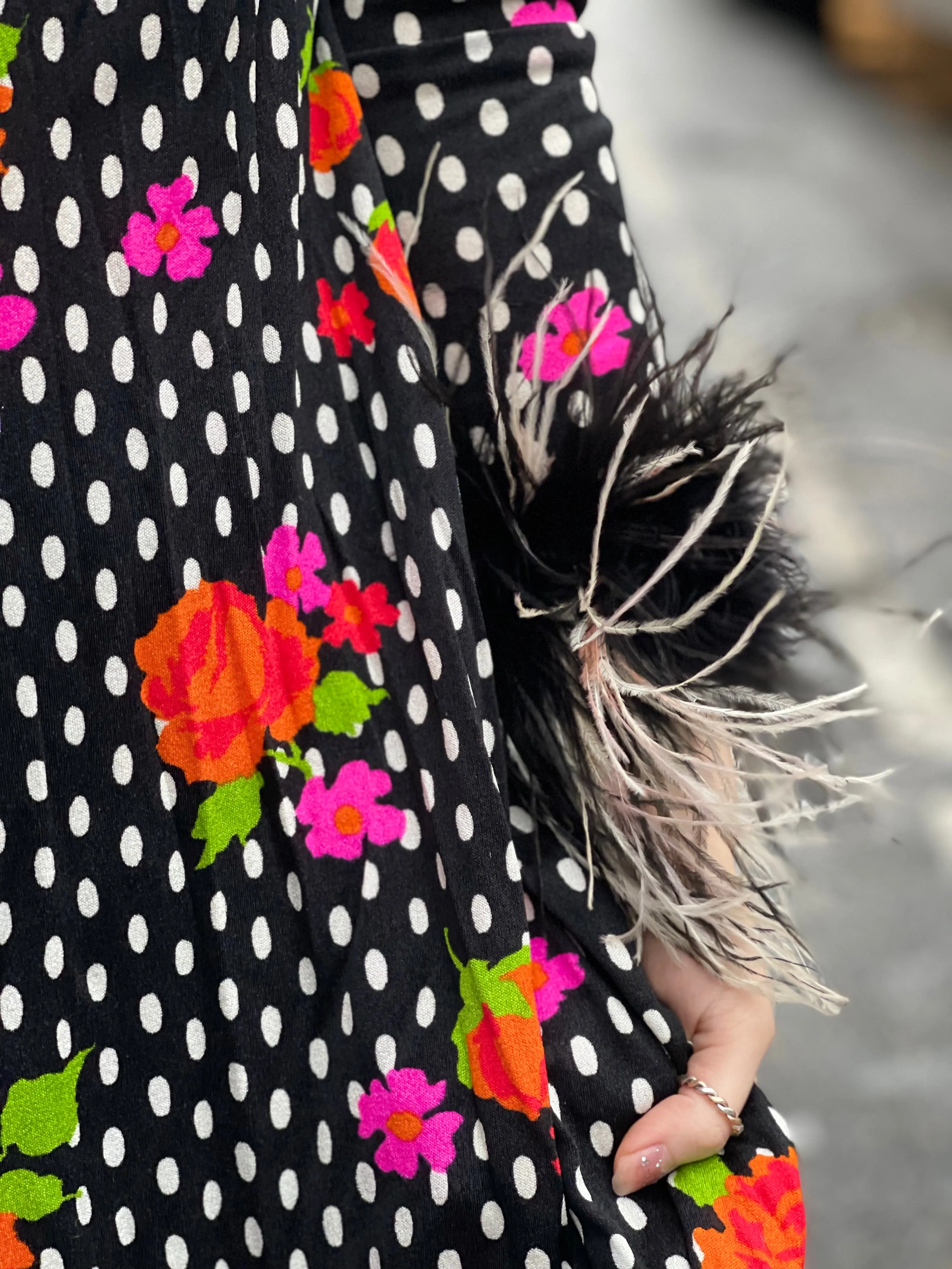 Vintage 70s Polka Dot Ostrich Feather Maxi Dress