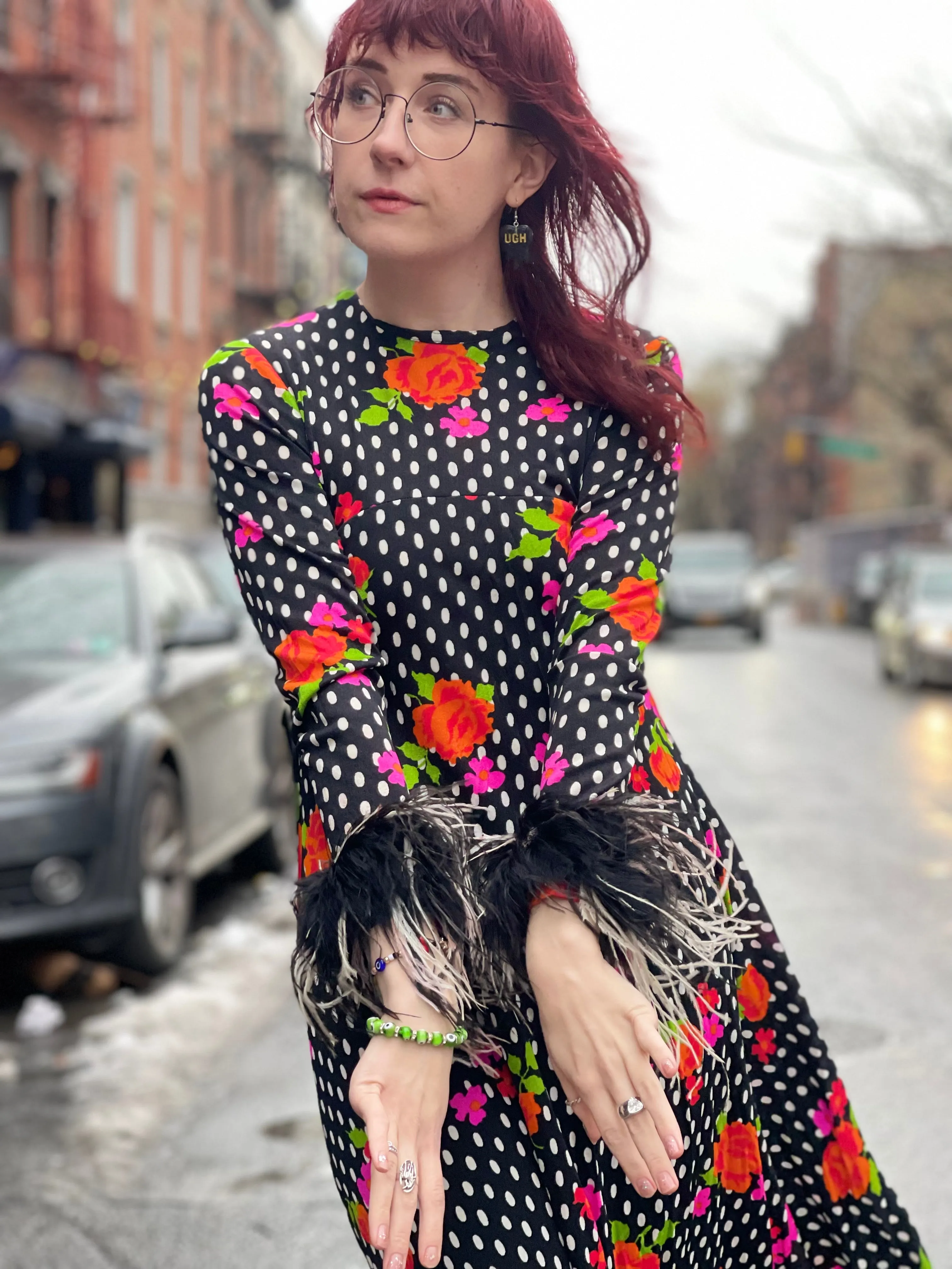 Vintage 70s Polka Dot Ostrich Feather Maxi Dress