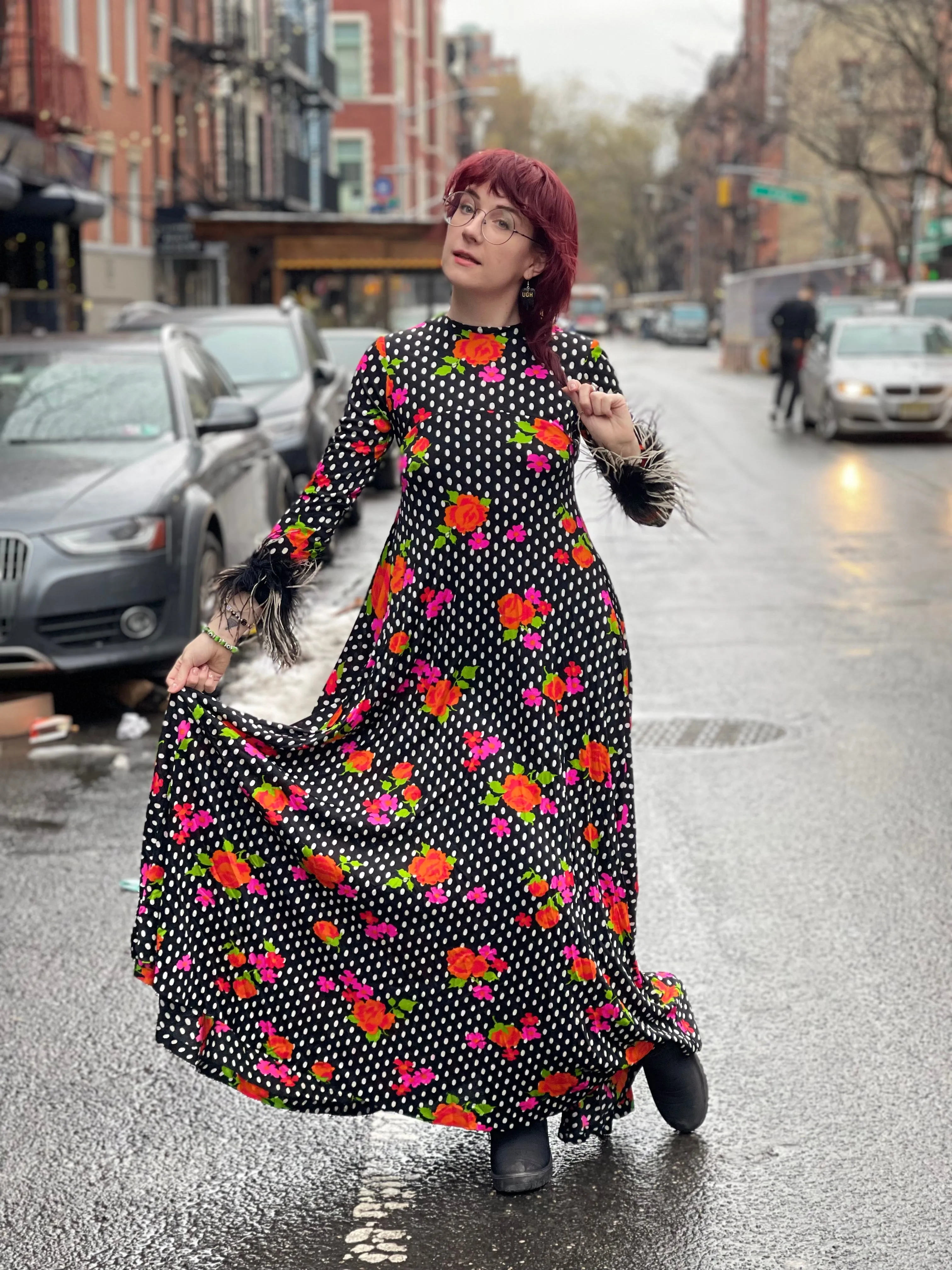 Vintage 70s Polka Dot Ostrich Feather Maxi Dress