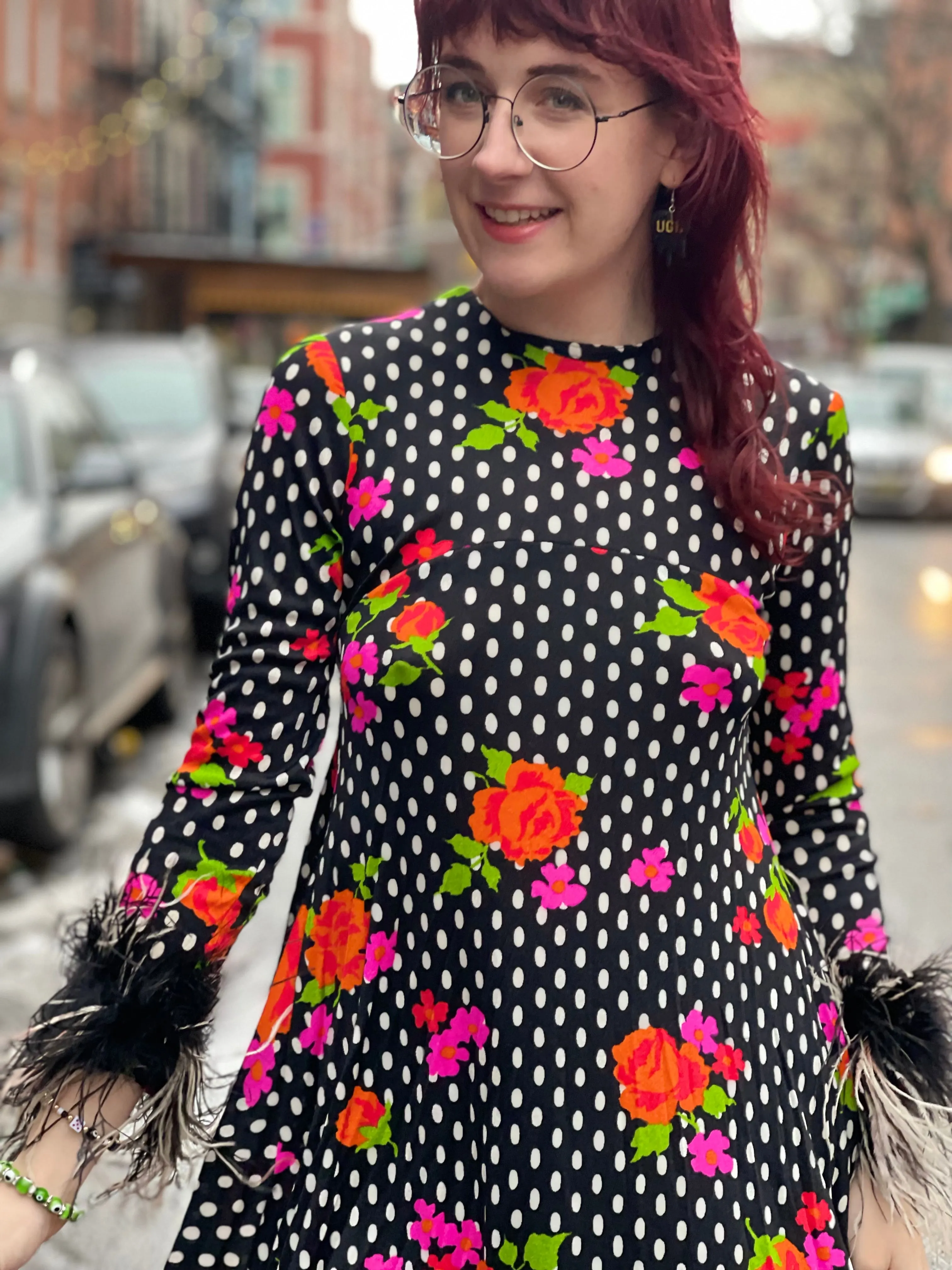 Vintage 70s Polka Dot Ostrich Feather Maxi Dress