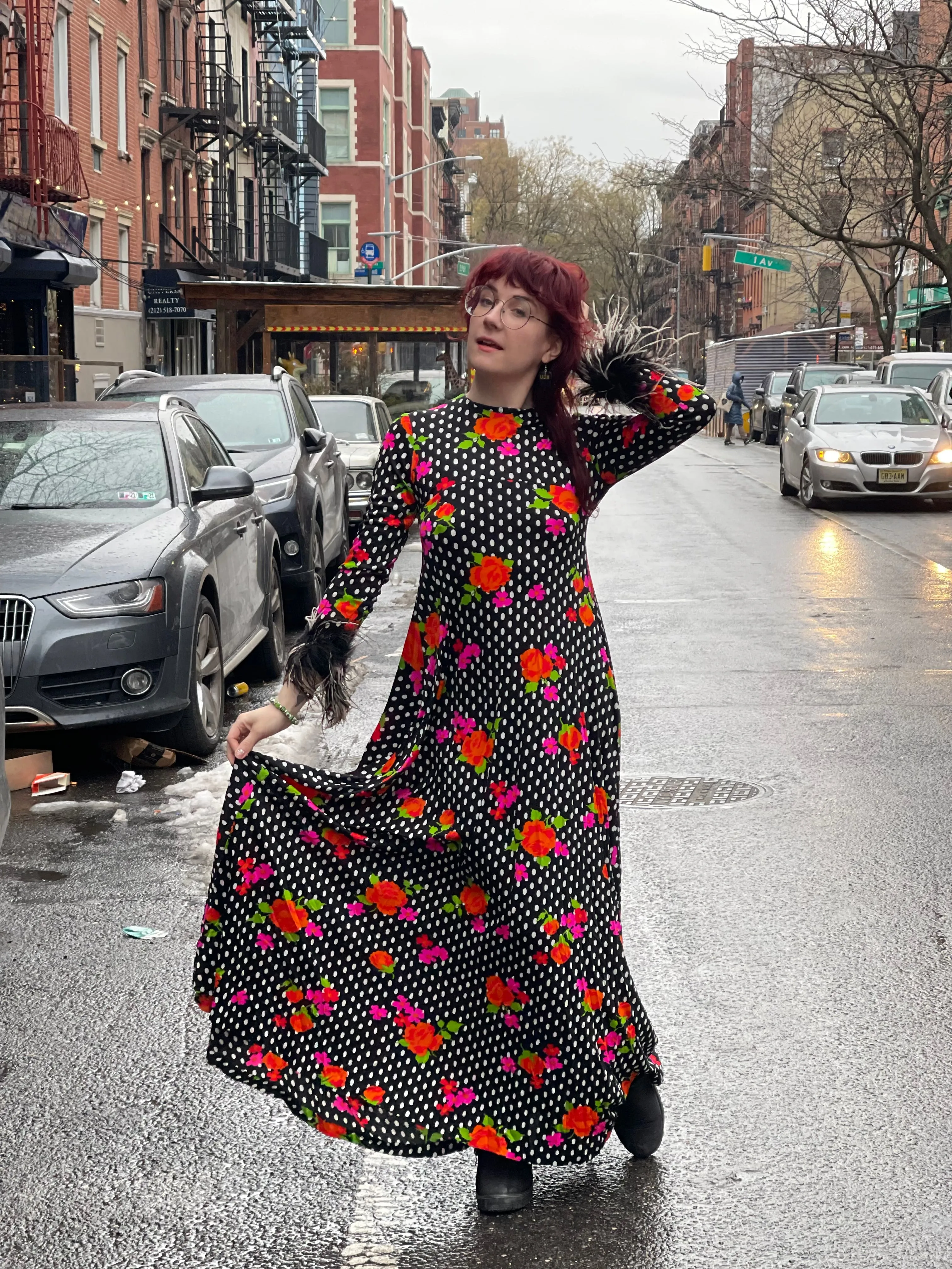 Vintage 70s Polka Dot Ostrich Feather Maxi Dress