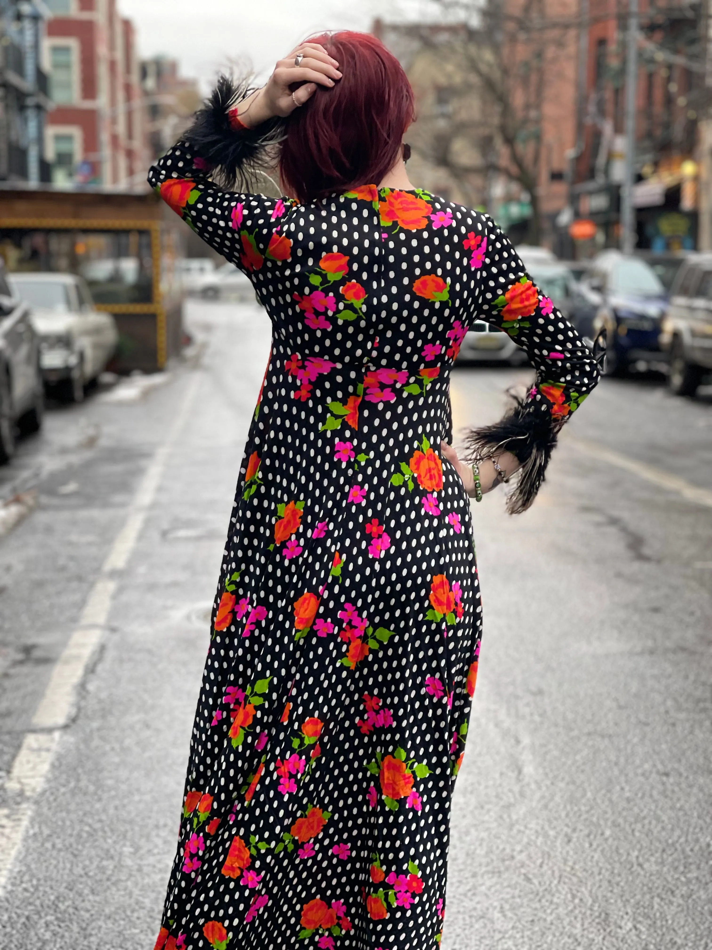 Vintage 70s Polka Dot Ostrich Feather Maxi Dress