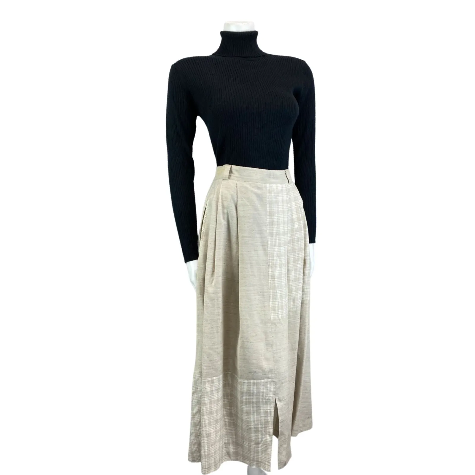 Vintage 90s 00s Cream Landhaus Gingham Linen Long Maxi Skirt S 8/10