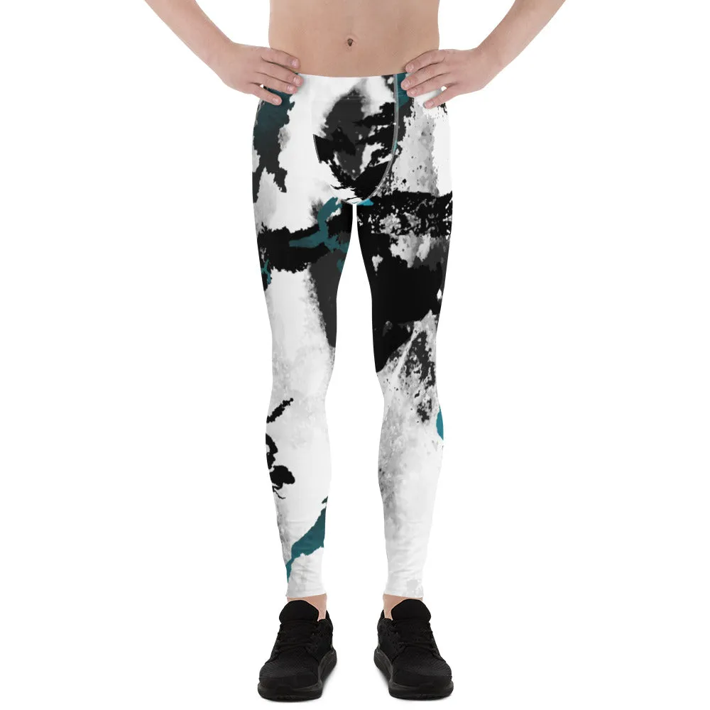 White Black Abstract Men's Leggings, Abstract Best Meggings Running Tights For Men-Made in USA/EU/MX