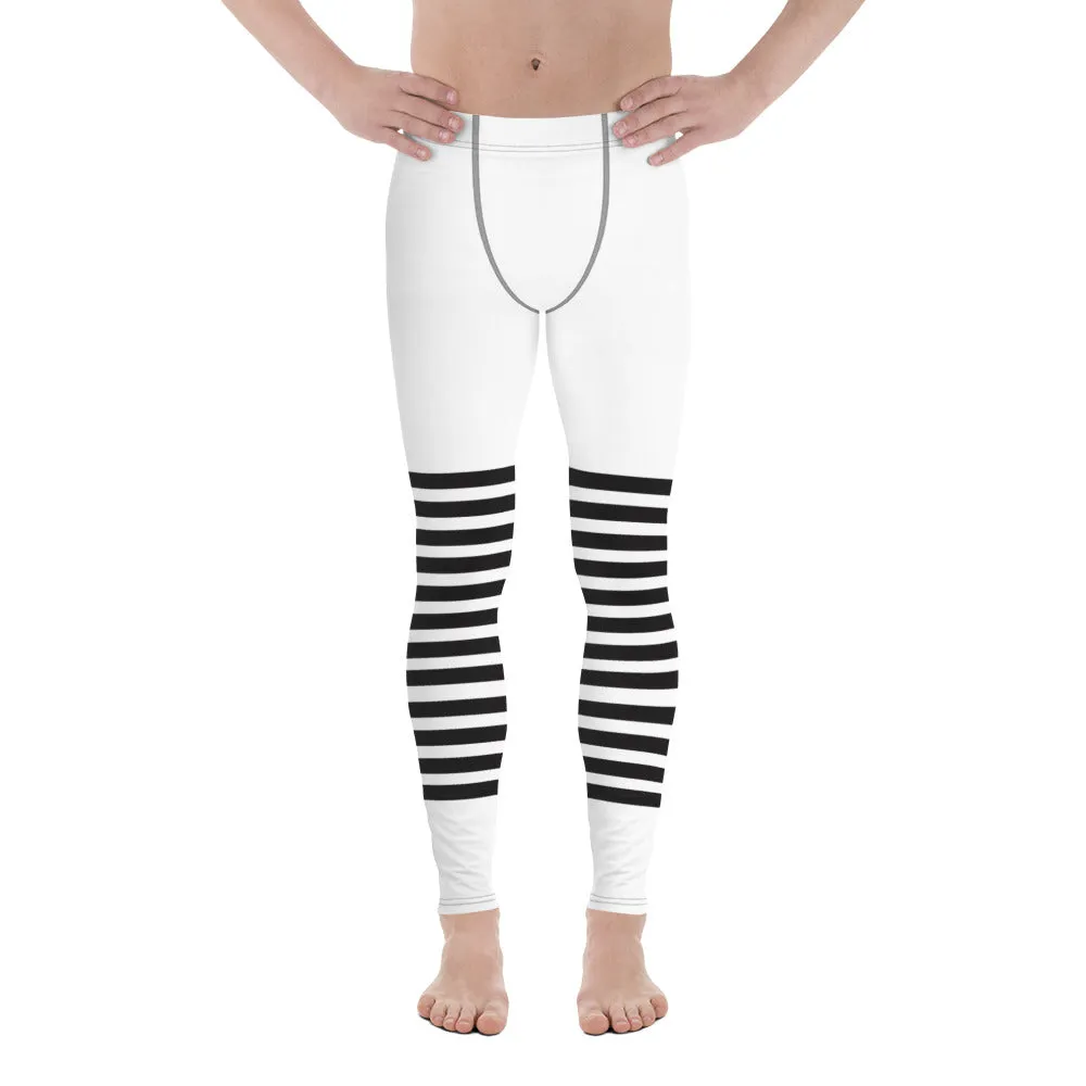 White Black Striped Meggings, Horizontally Striped White and Black Men's Leggings For Men - Made in USA/EU/MX