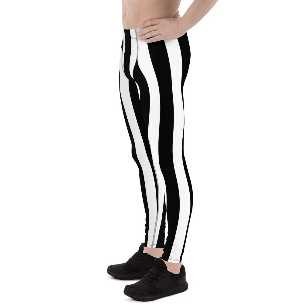 White Black Stripes Men's Leggings, Best Vertically Striped Designer Meggings- Made in USA/EU/MX