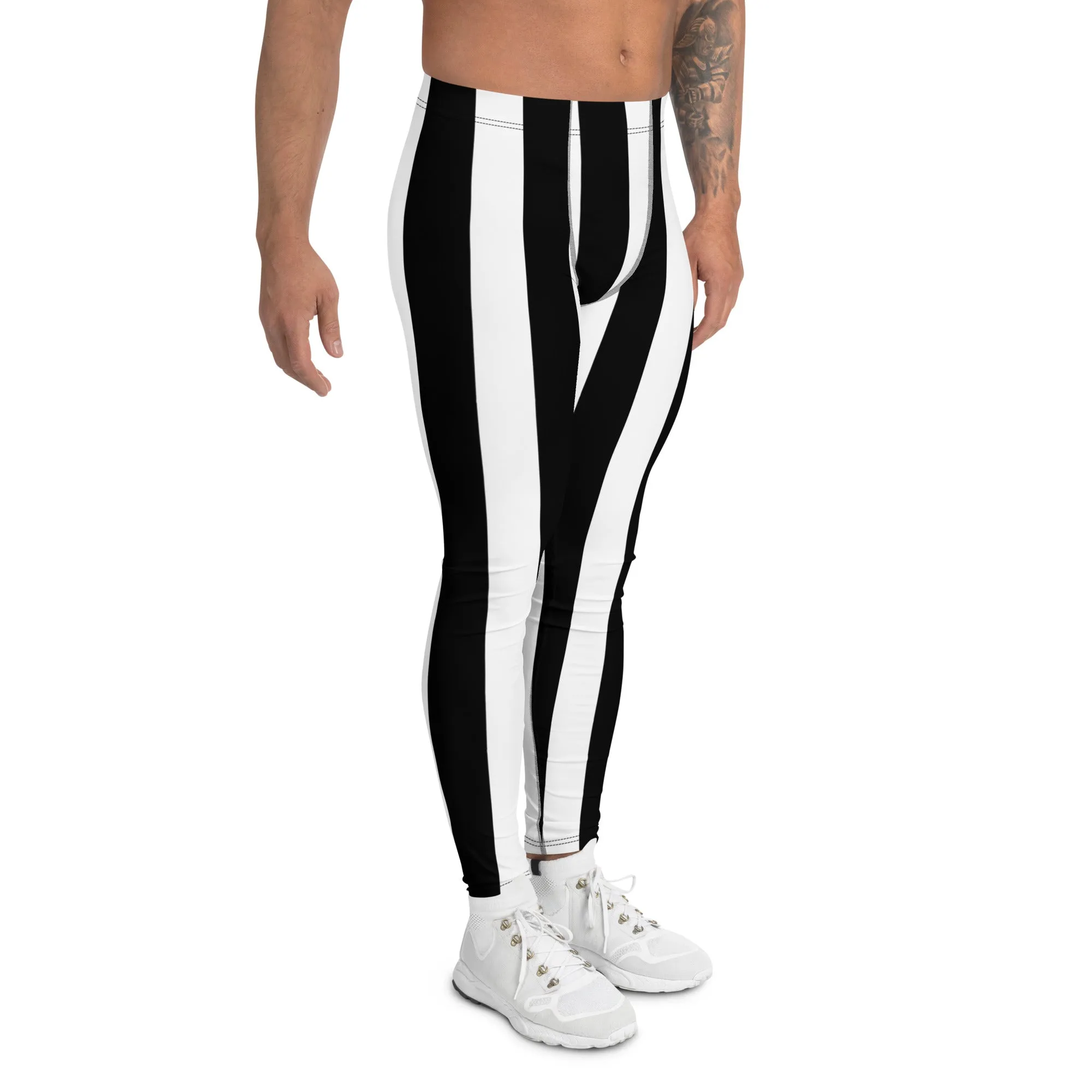 White Black Stripes Men's Leggings, Best Vertically Striped Designer Meggings- Made in USA/EU/MX
