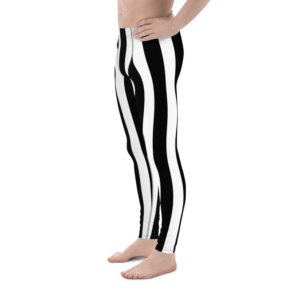 White Black Stripes Men's Leggings, Best Vertically Striped Designer Meggings- Made in USA/EU/MX