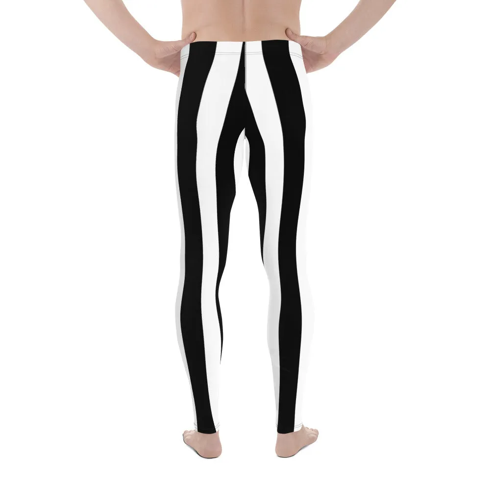 White Black Stripes Men's Leggings, Best Vertically Striped Designer Meggings- Made in USA/EU/MX