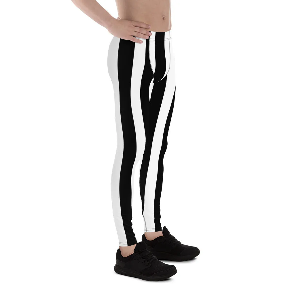 White Black Stripes Men's Leggings, Best Vertically Striped Designer Meggings- Made in USA/EU/MX