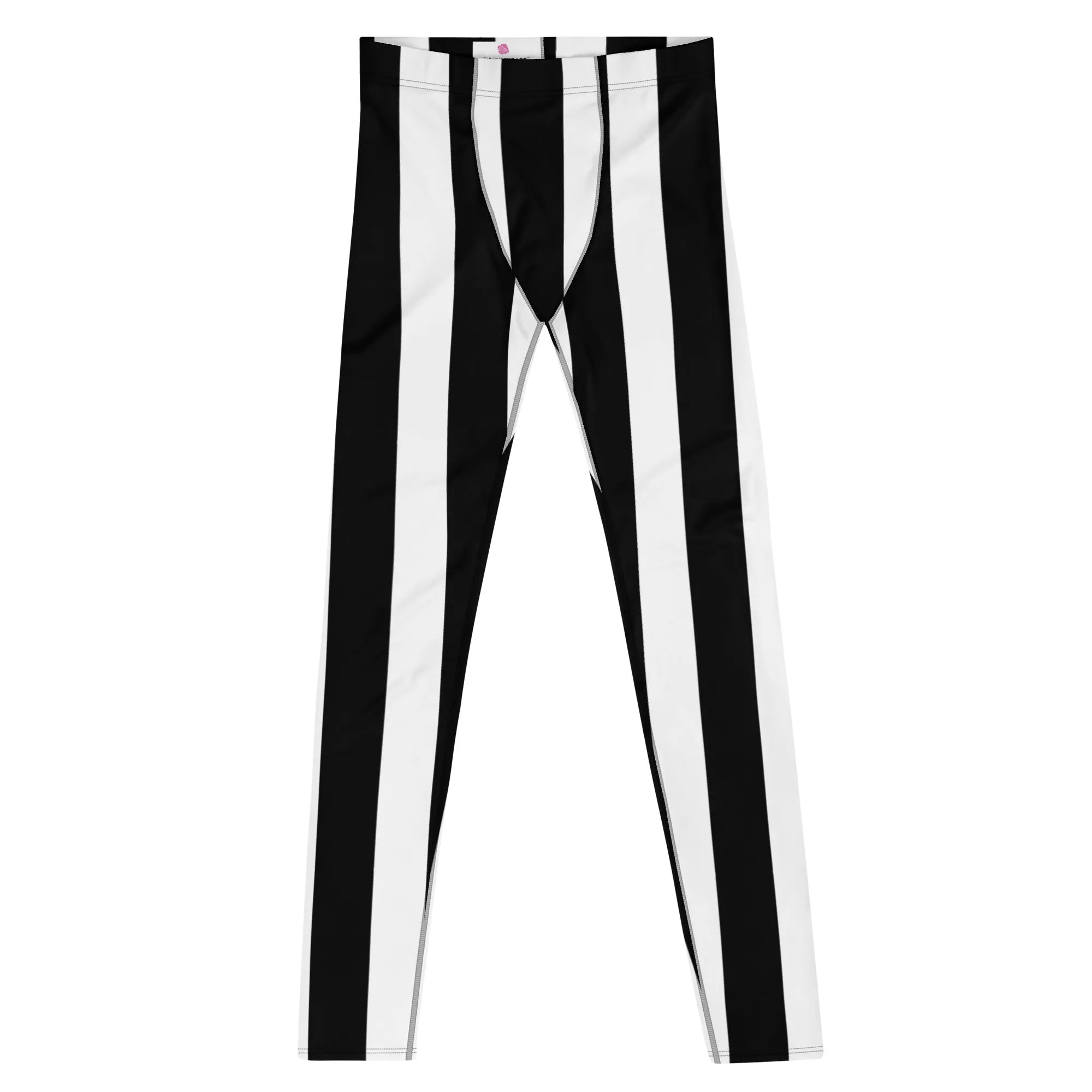 White Black Stripes Men's Leggings, Best Vertically Striped Designer Meggings- Made in USA/EU/MX