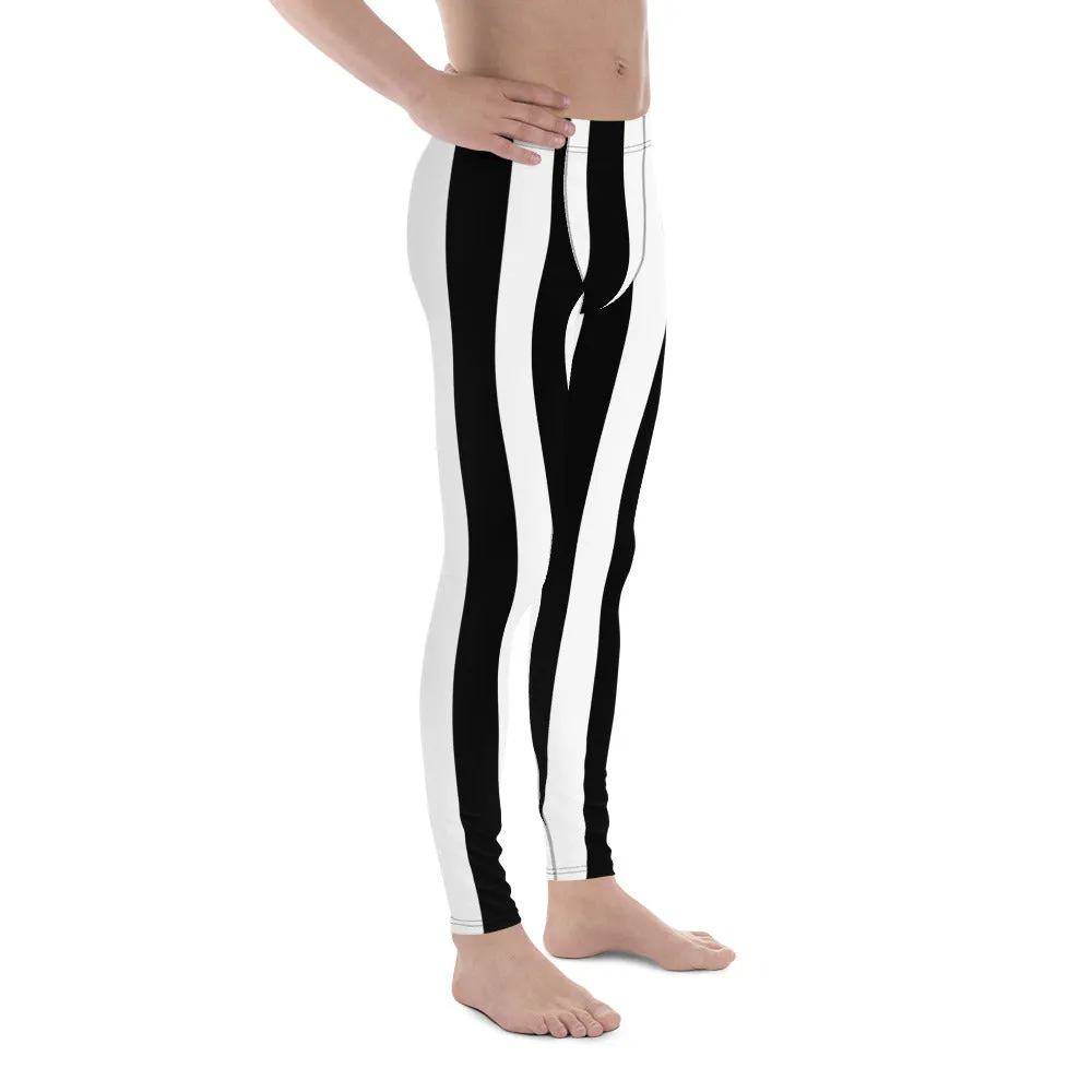White Black Stripes Men's Leggings, Best Vertically Striped Designer Meggings- Made in USA/EU/MX