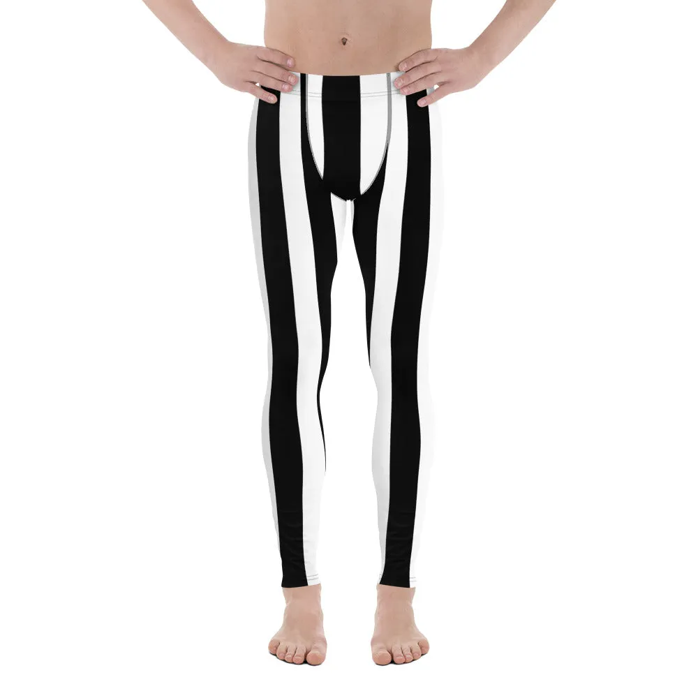 White Black Stripes Men's Leggings, Best Vertically Striped Designer Meggings- Made in USA/EU/MX