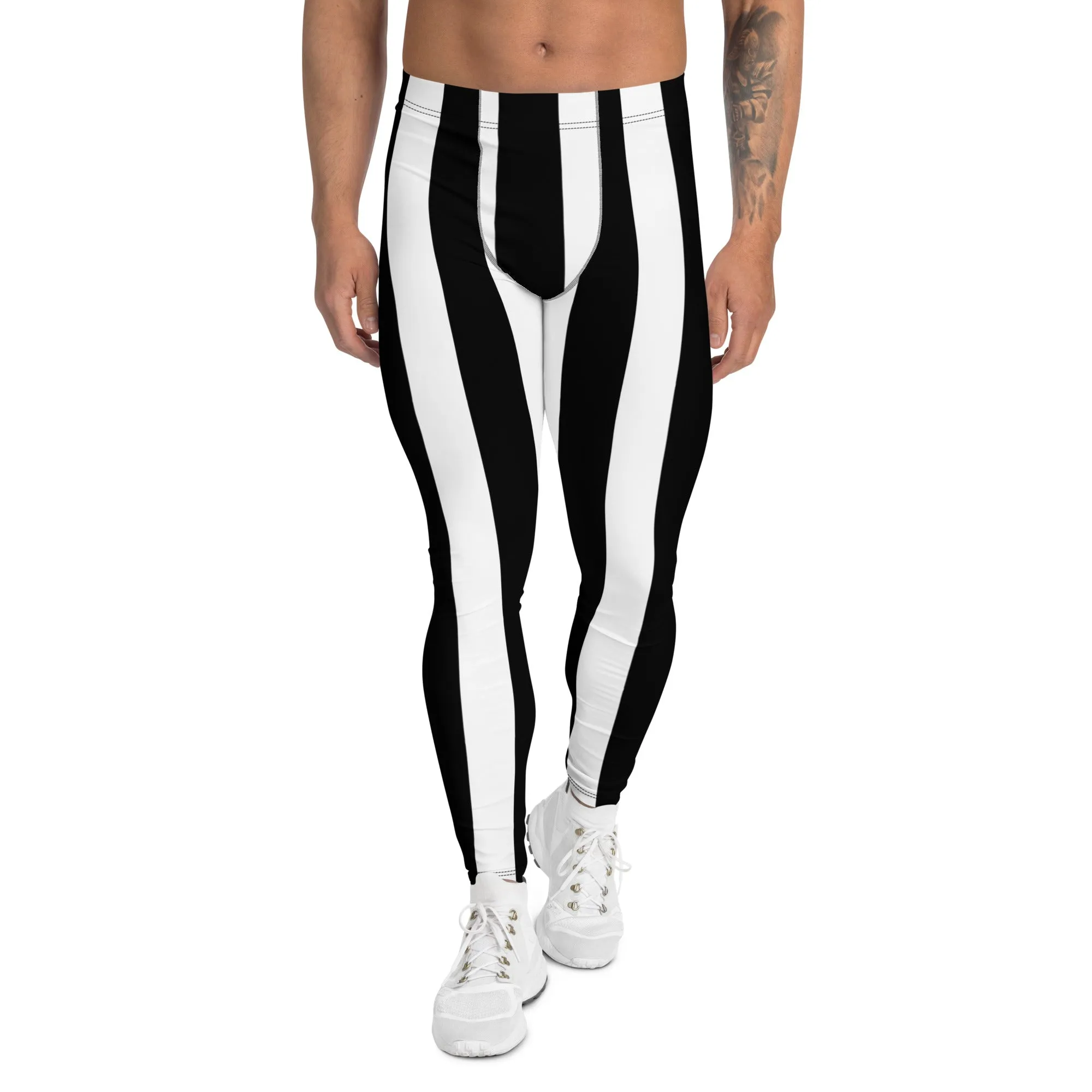 White Black Stripes Men's Leggings, Best Vertically Striped Designer Meggings- Made in USA/EU/MX