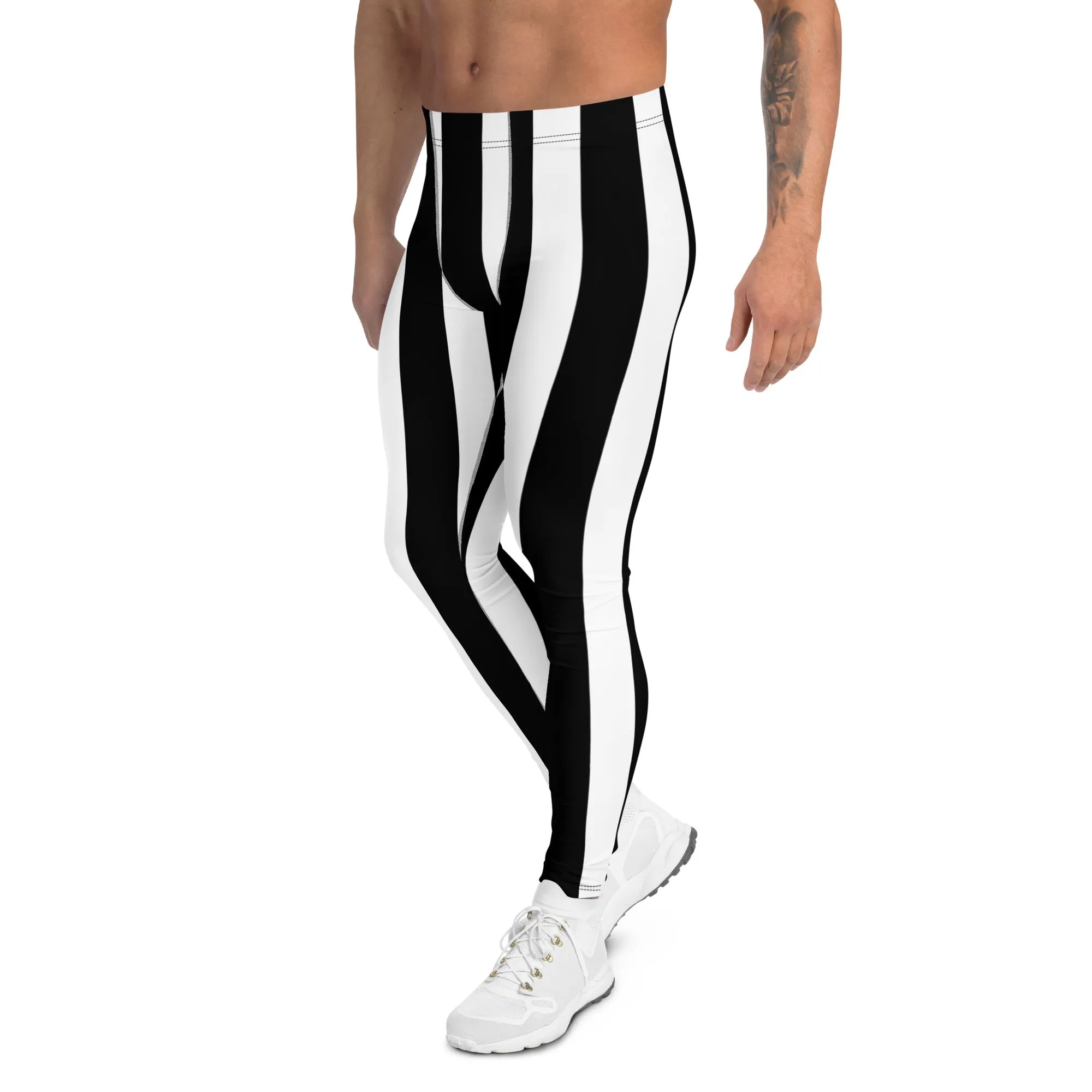 White Black Stripes Men's Leggings, Best Vertically Striped Designer Meggings- Made in USA/EU/MX