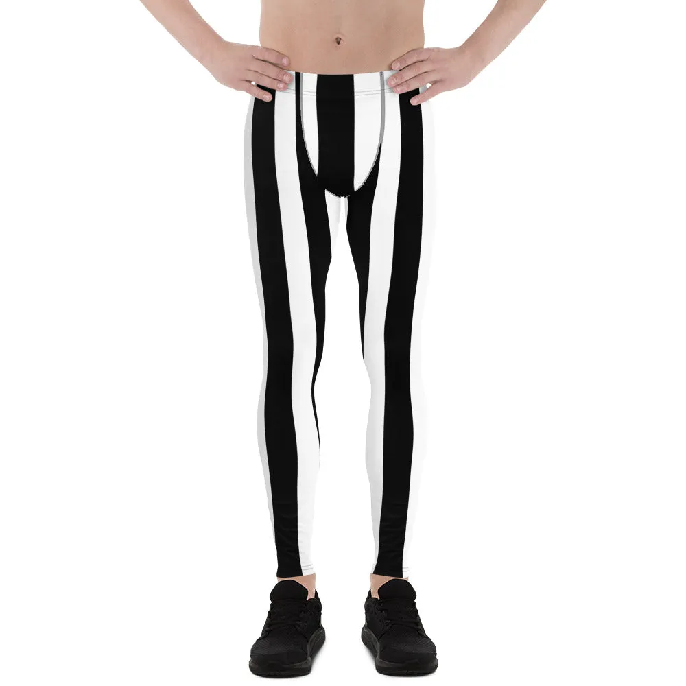 White Black Stripes Men's Leggings, Best Vertically Striped Designer Meggings- Made in USA/EU/MX