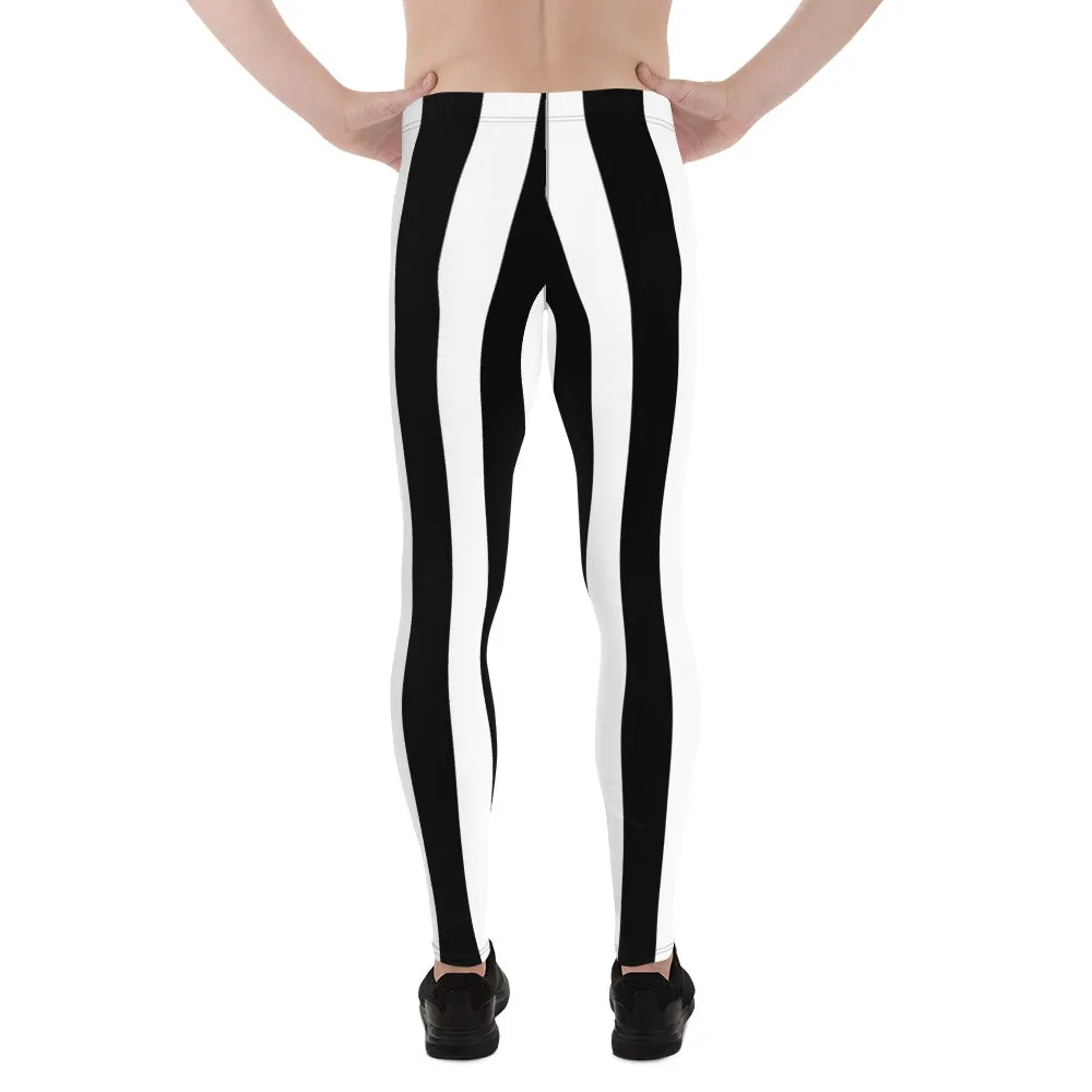 White Black Stripes Men's Leggings, Best Vertically Striped Designer Meggings- Made in USA/EU/MX