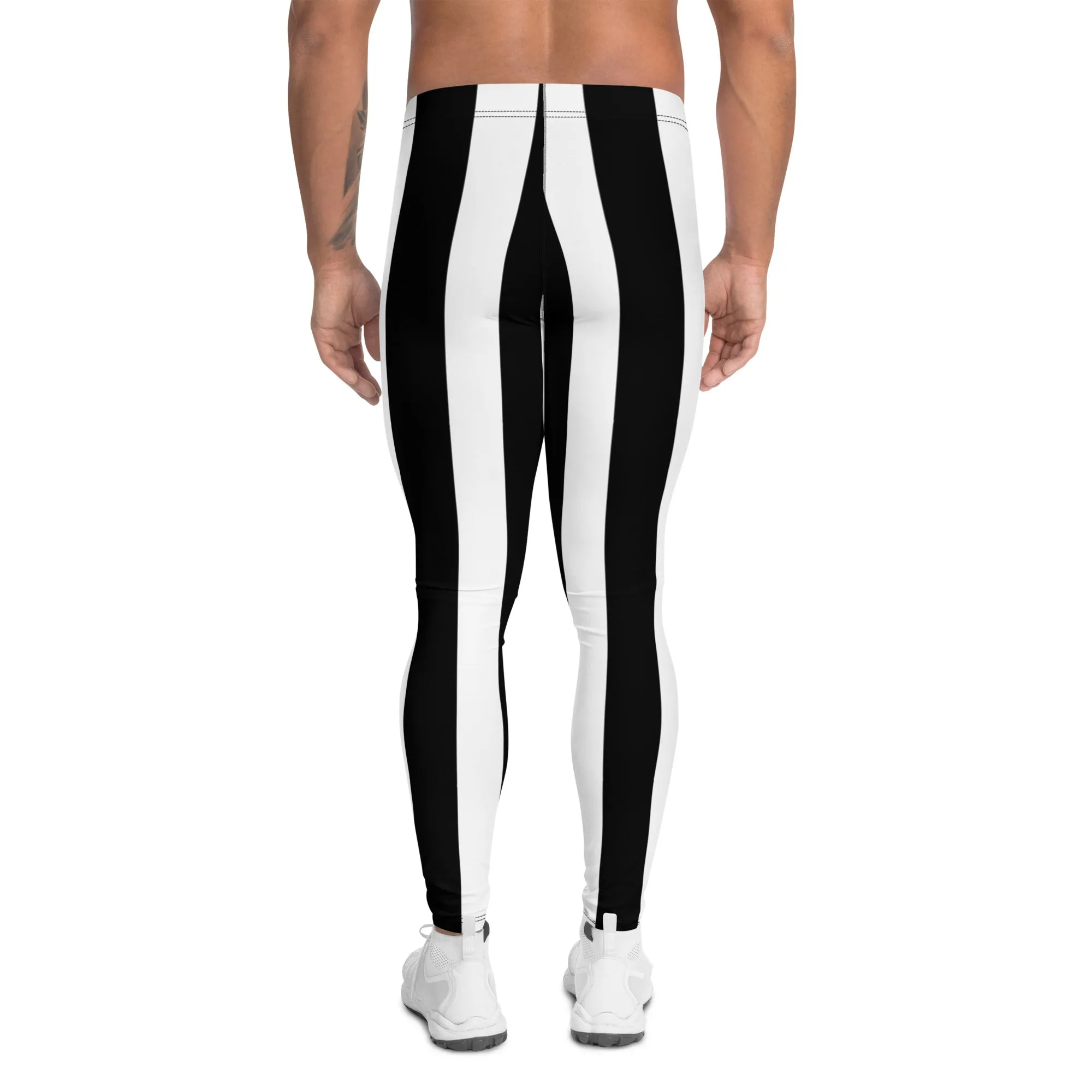 White Black Stripes Men's Leggings, Best Vertically Striped Designer Meggings- Made in USA/EU/MX