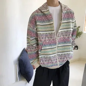 Wiaofellas - Autumn High Street Korean Vintage Hoodies Japanese Colorful Knitted Cardigan Popular Hooded Coats Men's Zipper Coat Trendy Tops