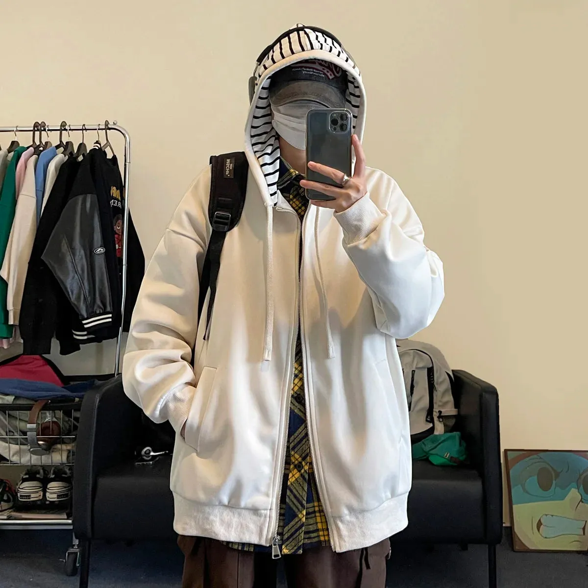 Wiaofellas  - New Mens Sweatshirts Contrast Striped Hat Zipper Hooded Coat Fashion Oversized Clothes Hip Hop Baggy Hoodies Male Black Beige