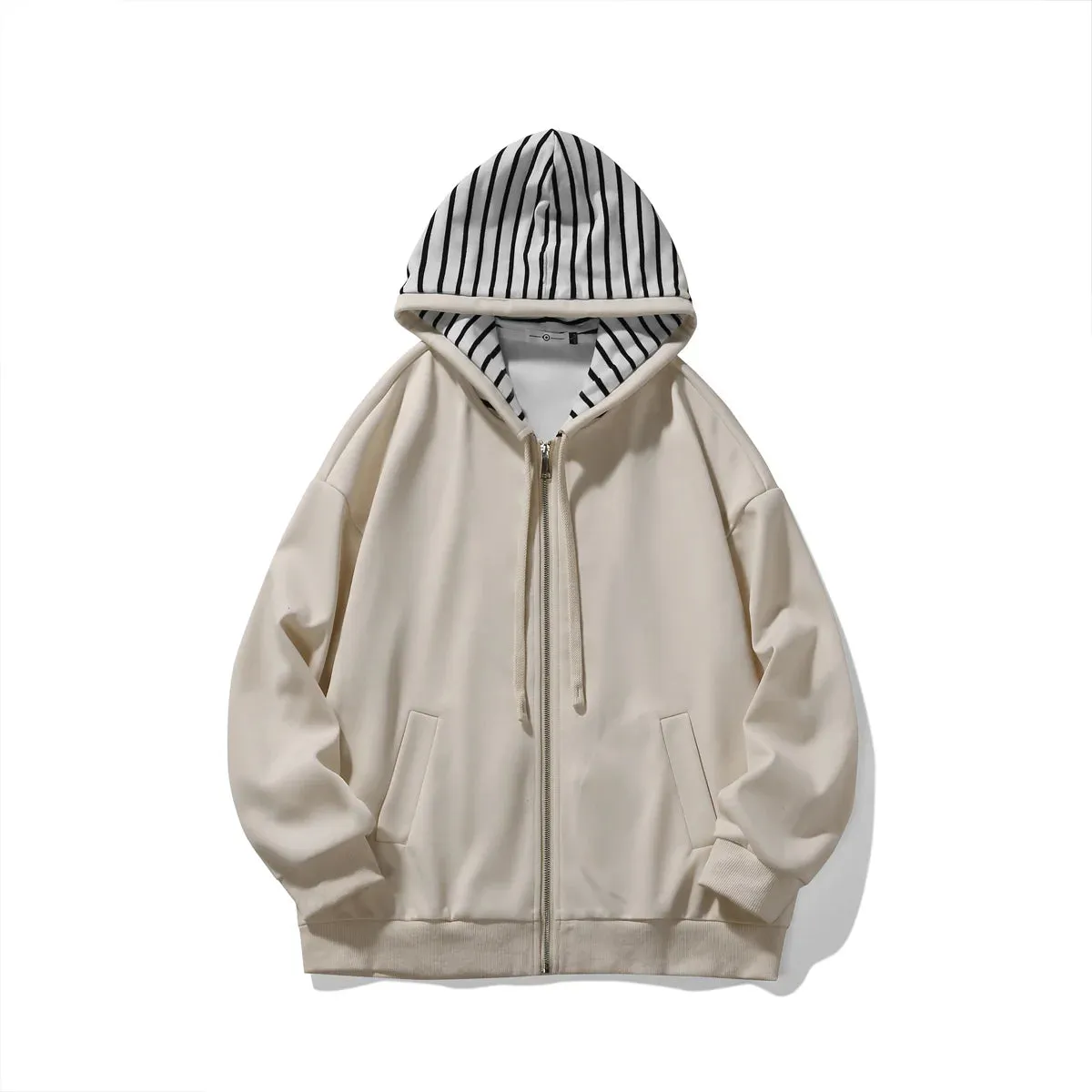 Wiaofellas  - New Mens Sweatshirts Contrast Striped Hat Zipper Hooded Coat Fashion Oversized Clothes Hip Hop Baggy Hoodies Male Black Beige