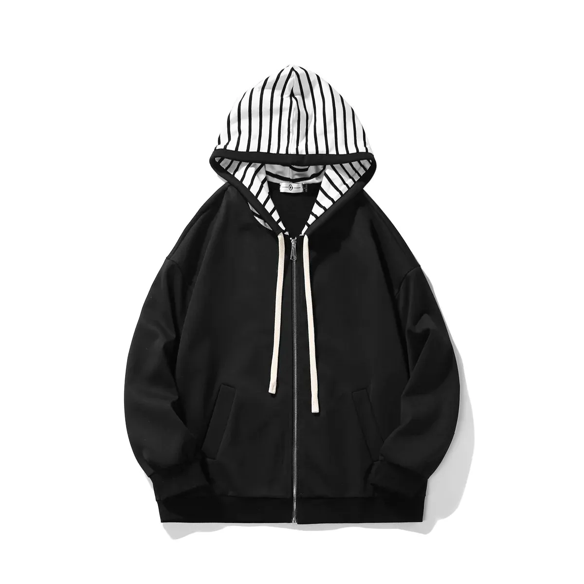 Wiaofellas  - New Mens Sweatshirts Contrast Striped Hat Zipper Hooded Coat Fashion Oversized Clothes Hip Hop Baggy Hoodies Male Black Beige