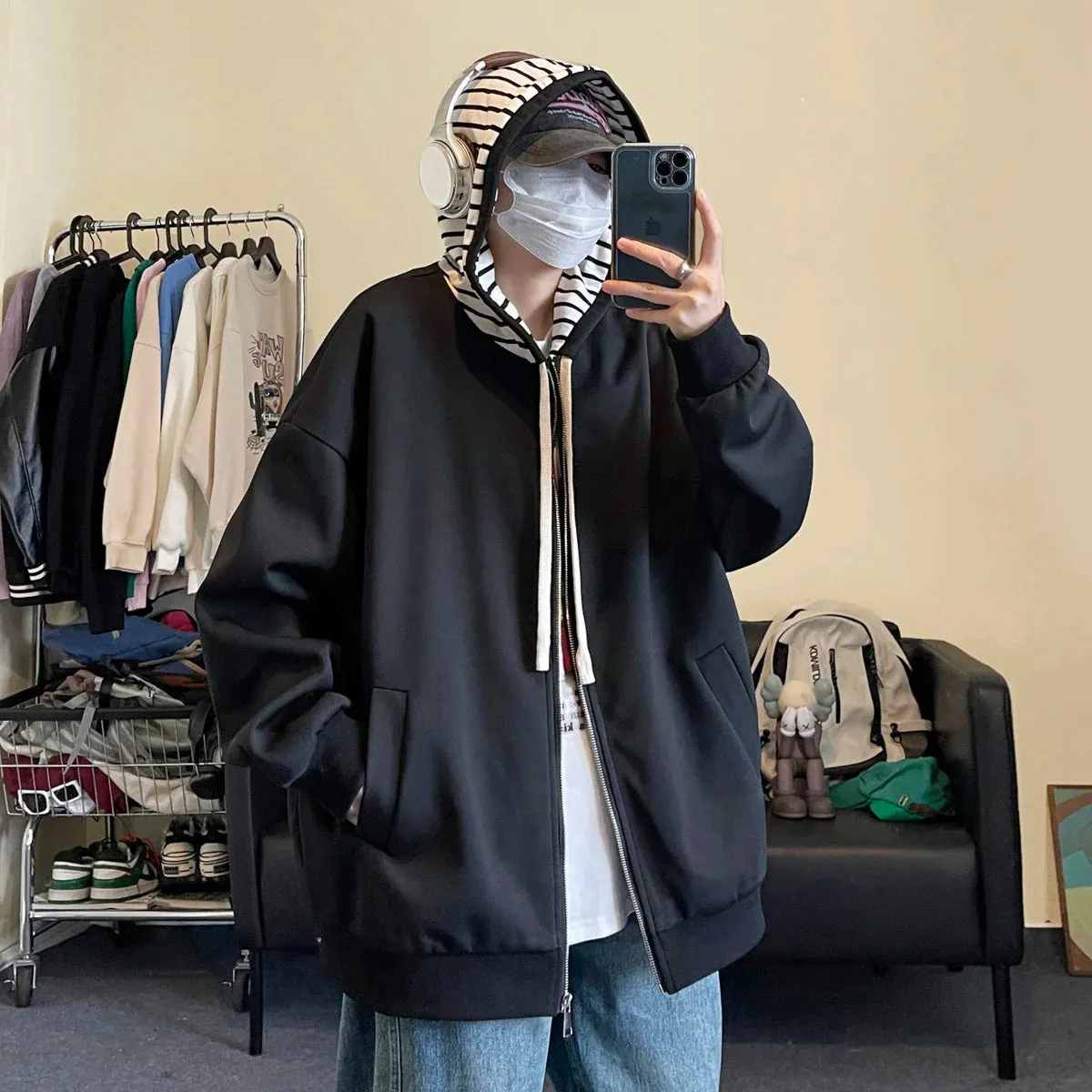 Wiaofellas  - New Mens Sweatshirts Contrast Striped Hat Zipper Hooded Coat Fashion Oversized Clothes Hip Hop Baggy Hoodies Male Black Beige