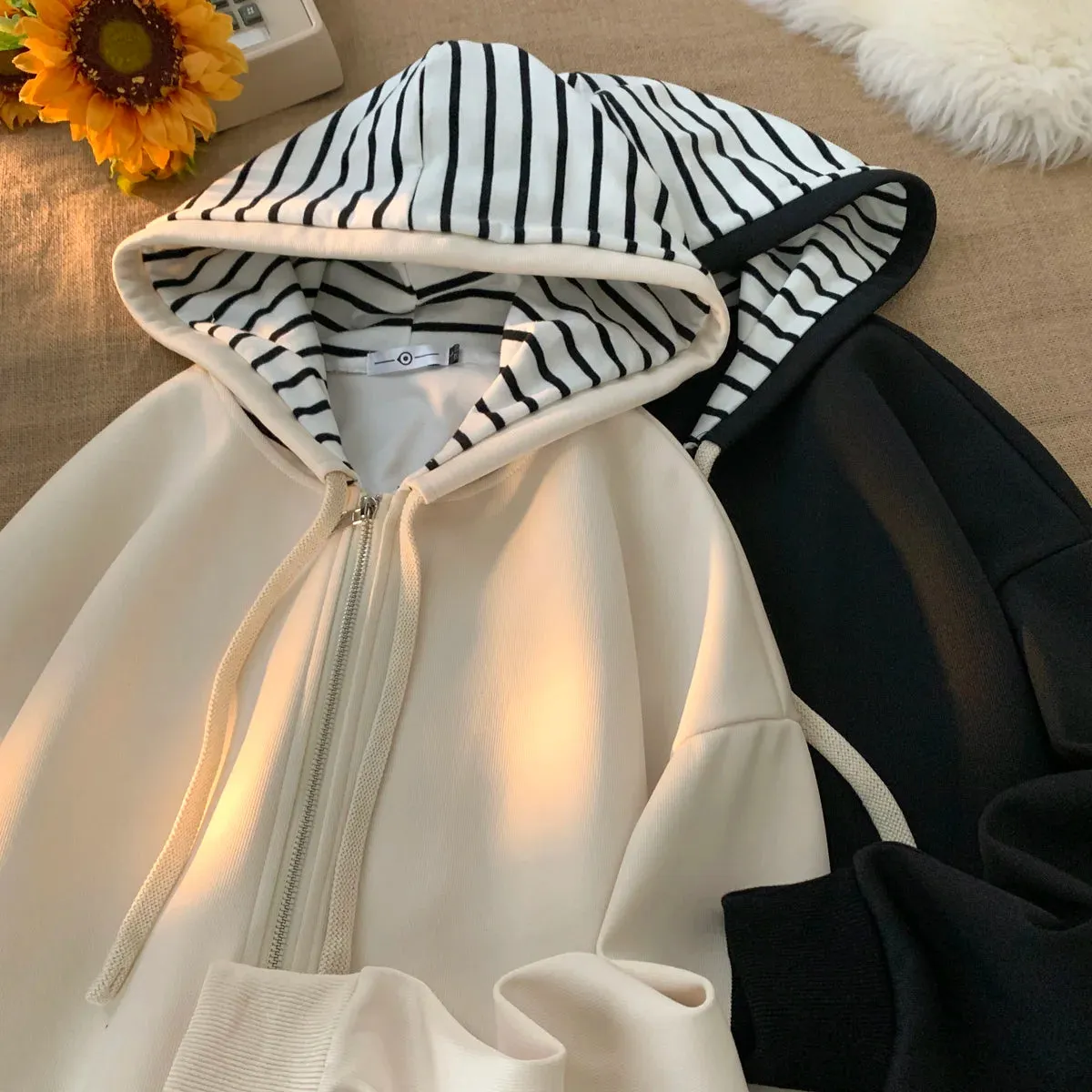 Wiaofellas  - New Mens Sweatshirts Contrast Striped Hat Zipper Hooded Coat Fashion Oversized Clothes Hip Hop Baggy Hoodies Male Black Beige