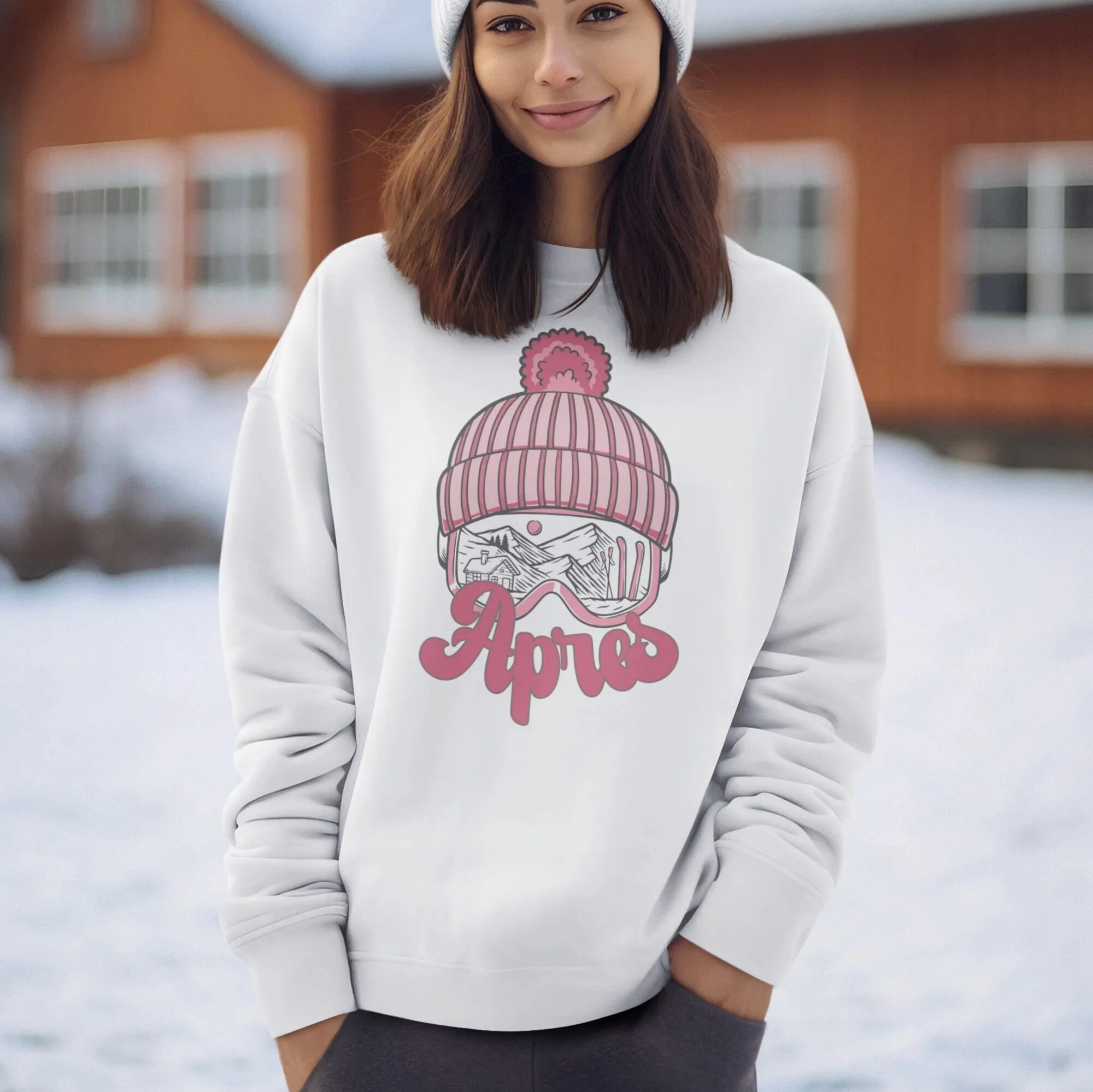 Winter Apres Ski T-Shirt, Mountain Cabin Landscape Graphic Tee, Cozy Ski Season Casual Wear, Unisex Snowboarder Apparel Sweatshirt