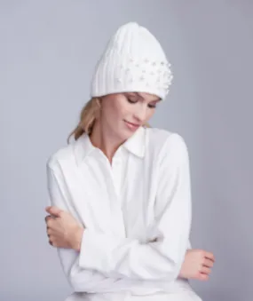 Winter White Chunky Knit Hat with Pearl Embellishment