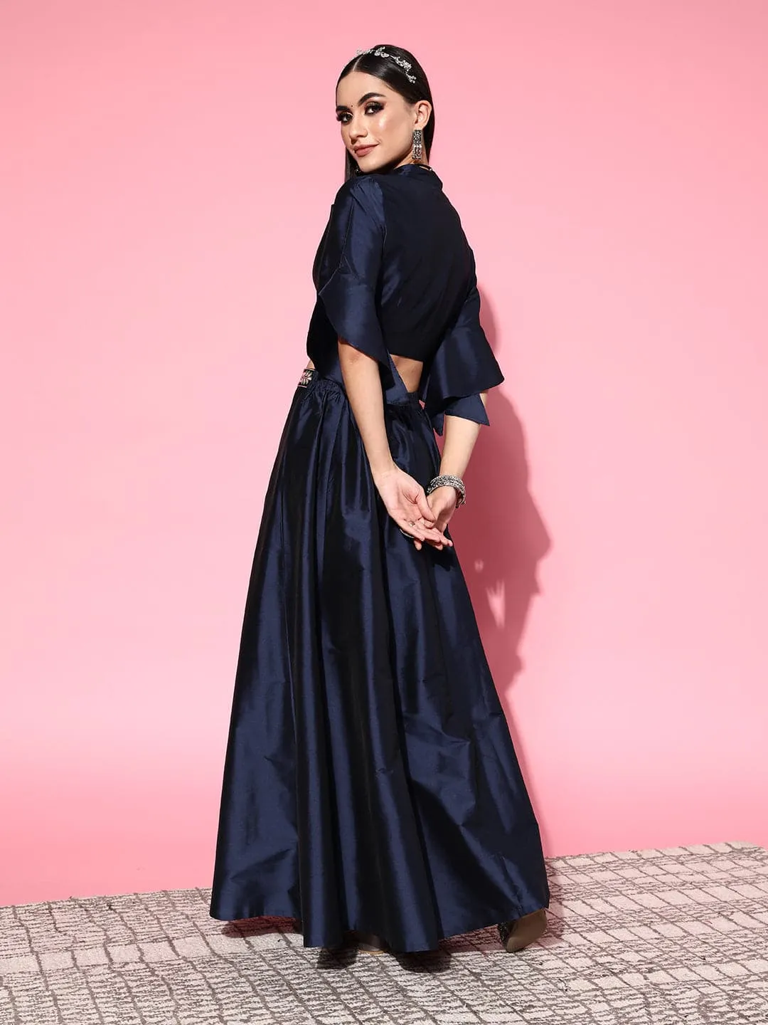 Women Navy Notched Crop Top With Anarkali Skirt