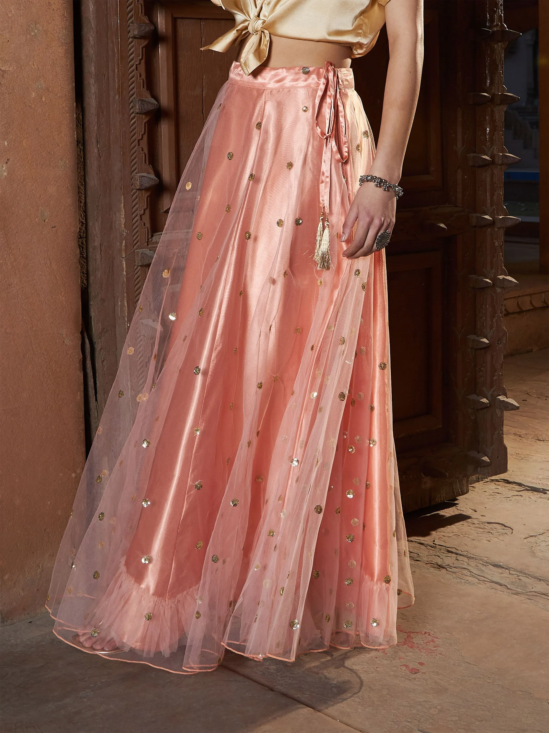 Women Peach Tulle Sequin Anarkali Skirt