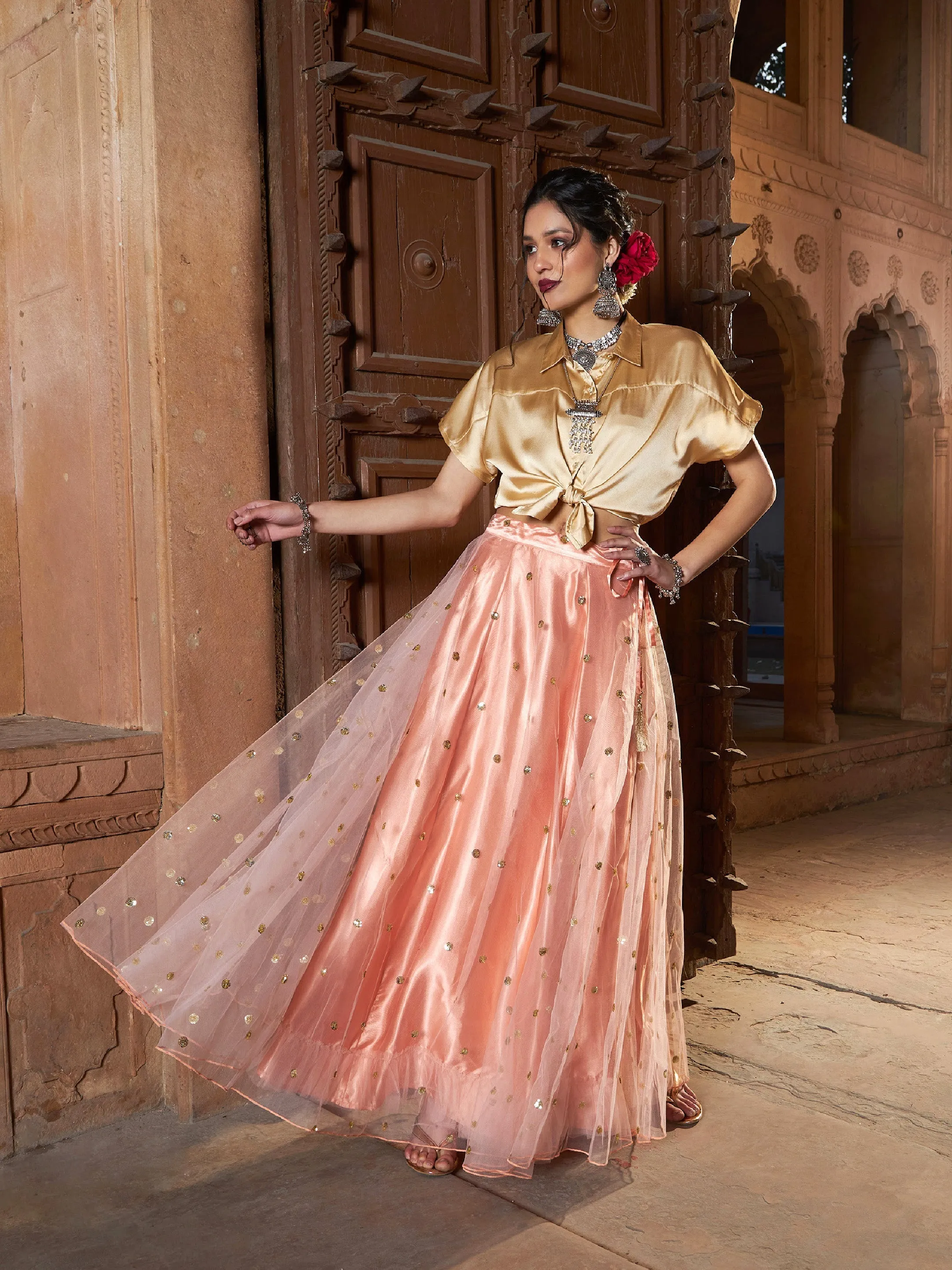 Women Peach Tulle Sequin Anarkali Skirt