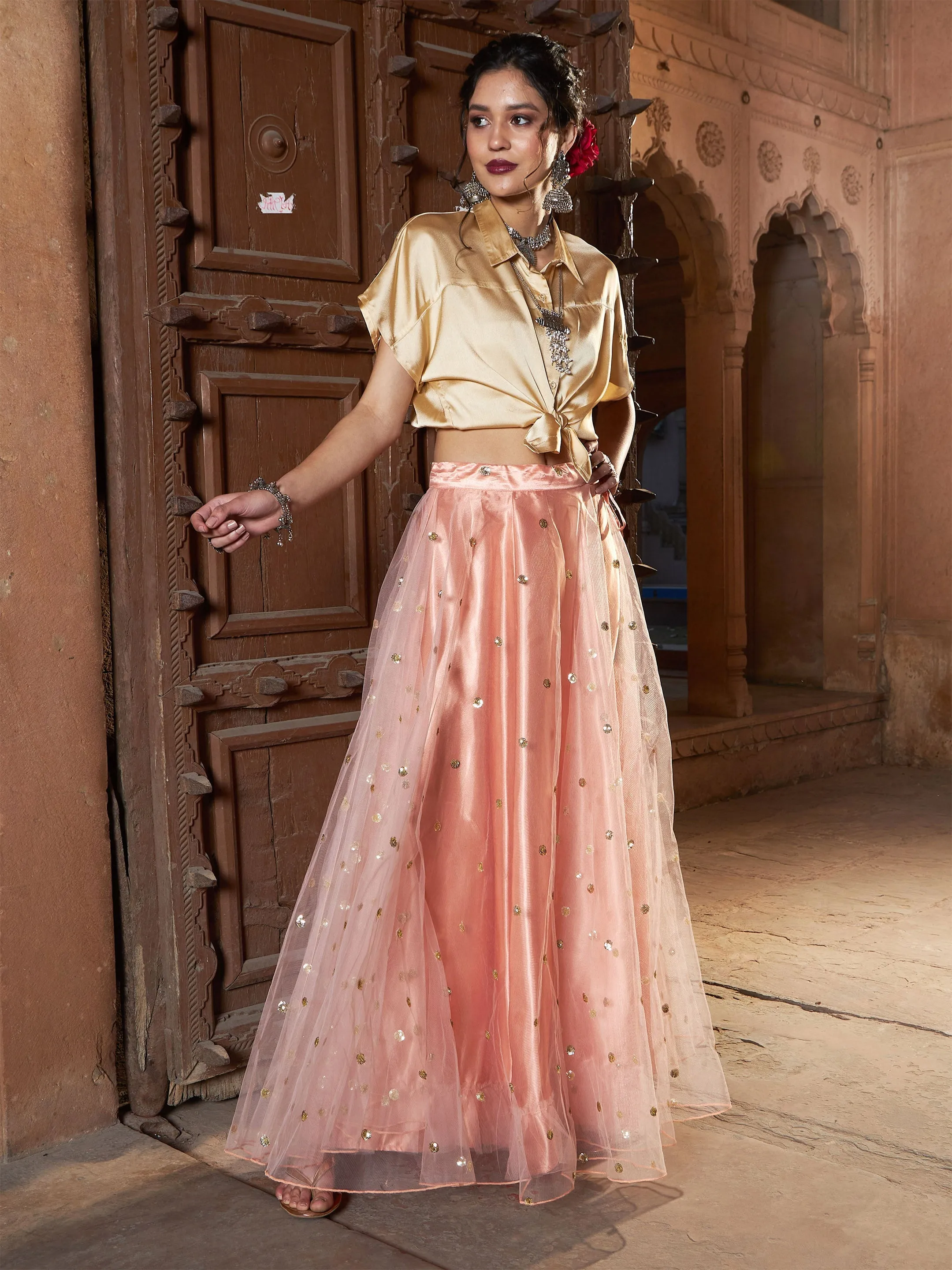 Women Peach Tulle Sequin Anarkali Skirt