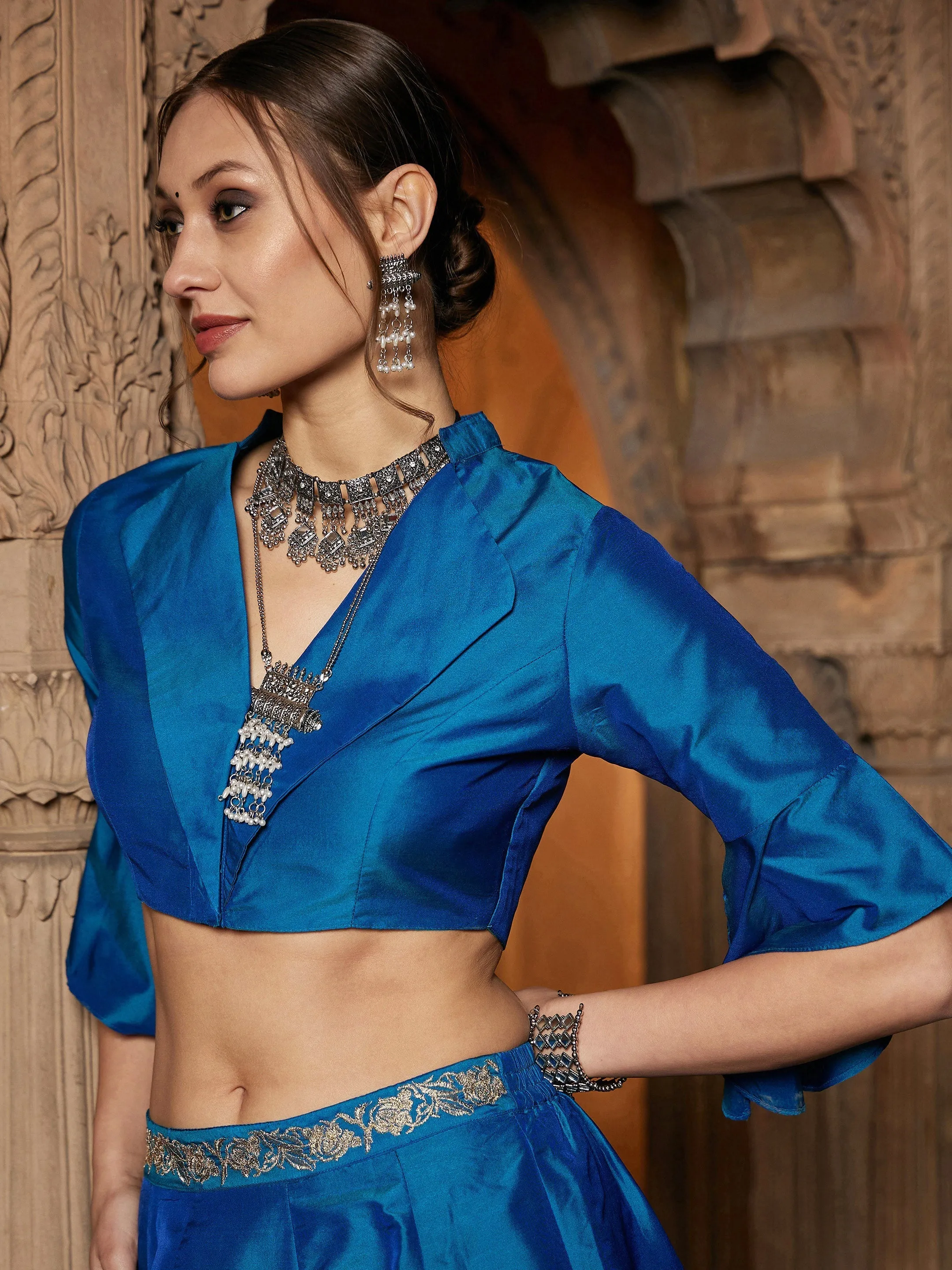 Women Teal Notch Collar Crop Top With Skirt