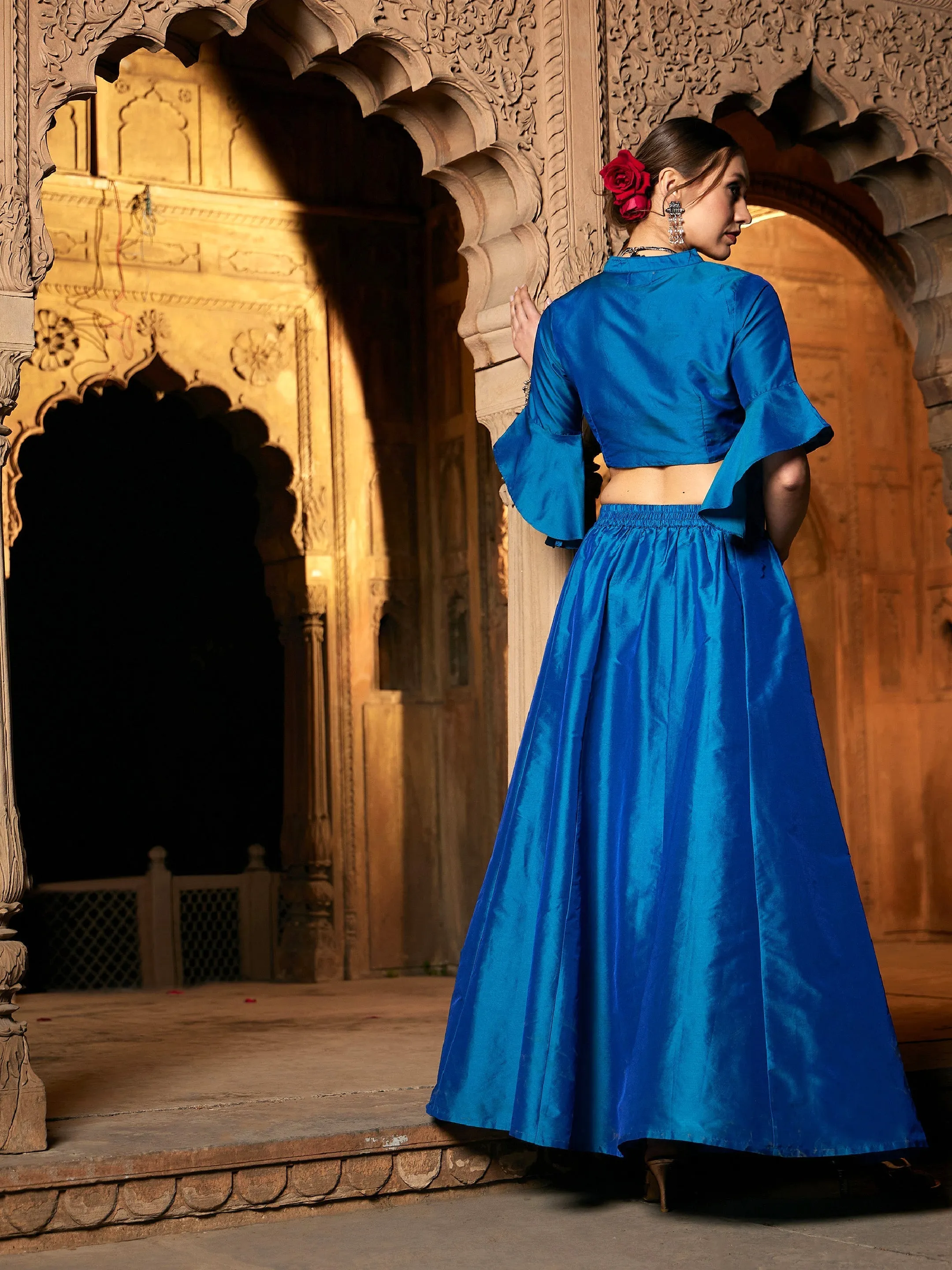 Women Teal Notch Collar Crop Top With Skirt