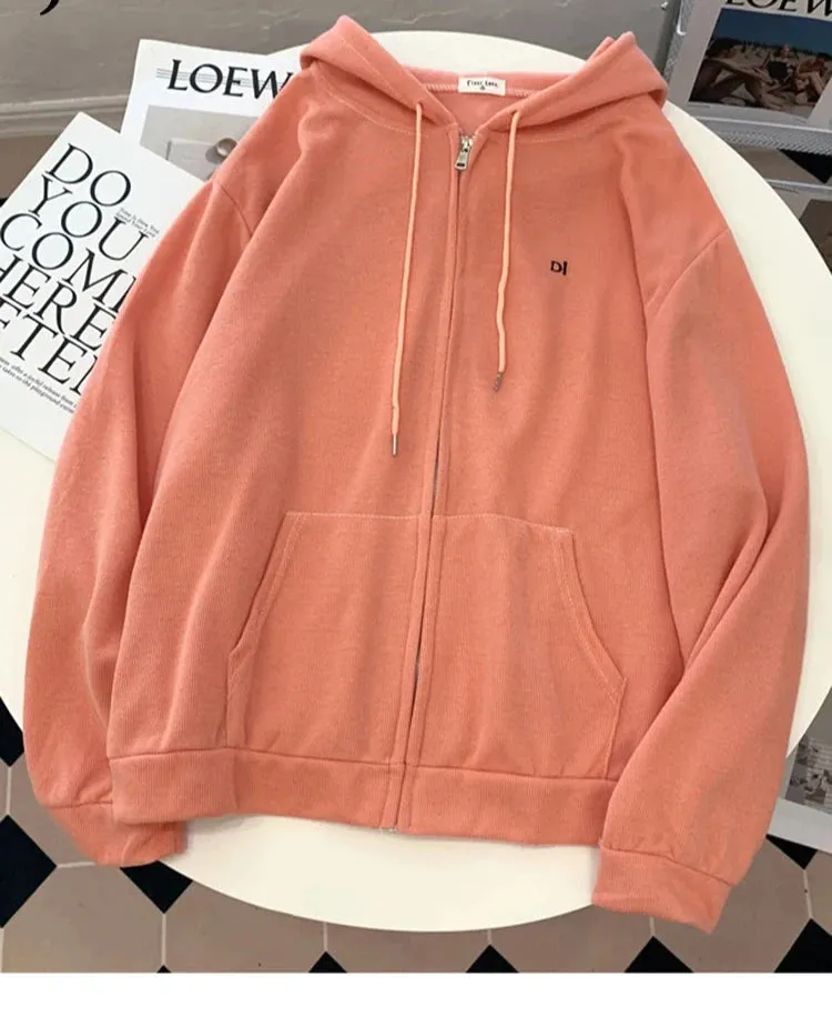 Women's Sweatshirts Autumn Hooded Embroidered Letter Hoodies Loose Simple Thin Coat Zip-up Top Female Cardigan 8 Colors