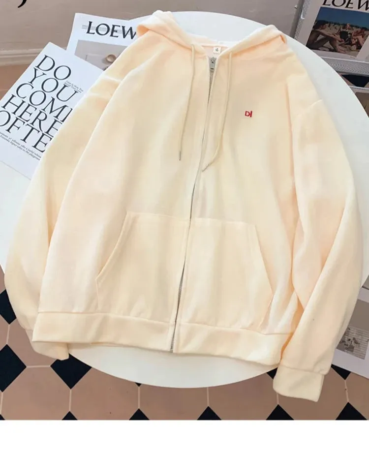 Women's Sweatshirts Autumn Hooded Embroidered Letter Hoodies Loose Simple Thin Coat Zip-up Top Female Cardigan 8 Colors