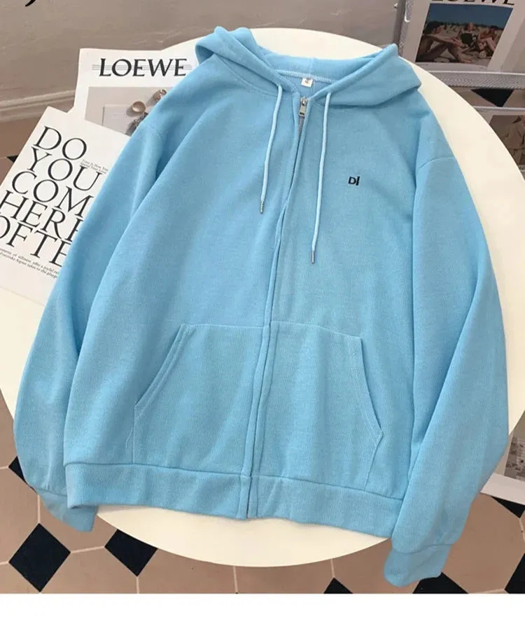 Women's Sweatshirts Autumn Hooded Embroidered Letter Hoodies Loose Simple Thin Coat Zip-up Top Female Cardigan 8 Colors