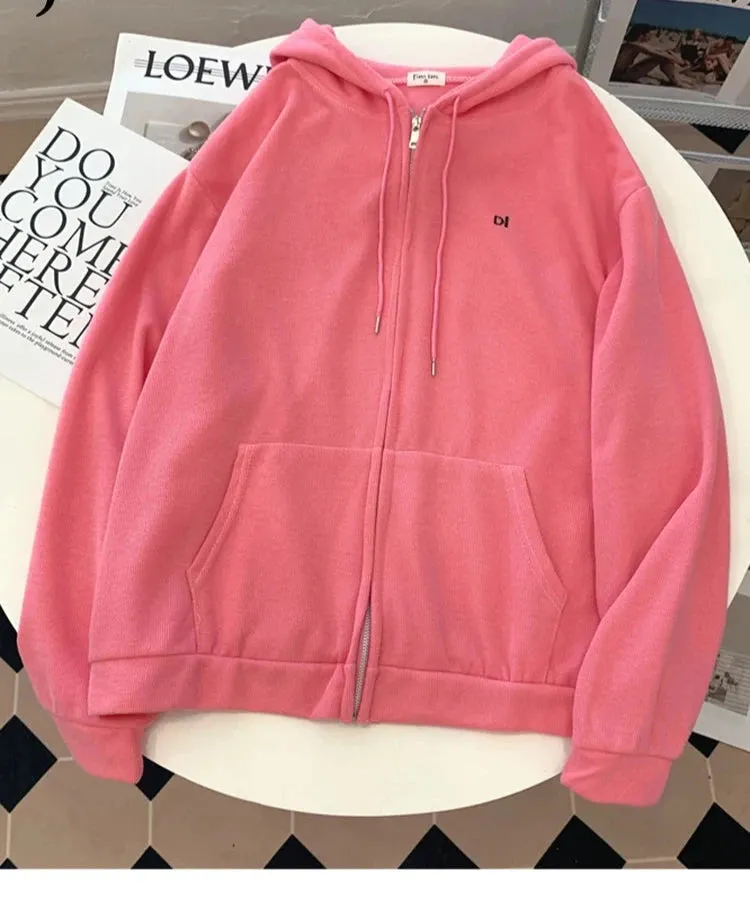 Women's Sweatshirts Autumn Hooded Embroidered Letter Hoodies Loose Simple Thin Coat Zip-up Top Female Cardigan 8 Colors