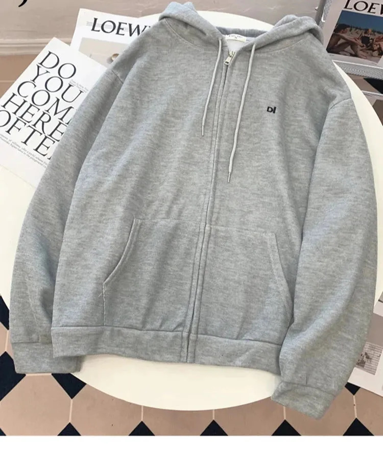 Women's Sweatshirts Autumn Hooded Embroidered Letter Hoodies Loose Simple Thin Coat Zip-up Top Female Cardigan 8 Colors