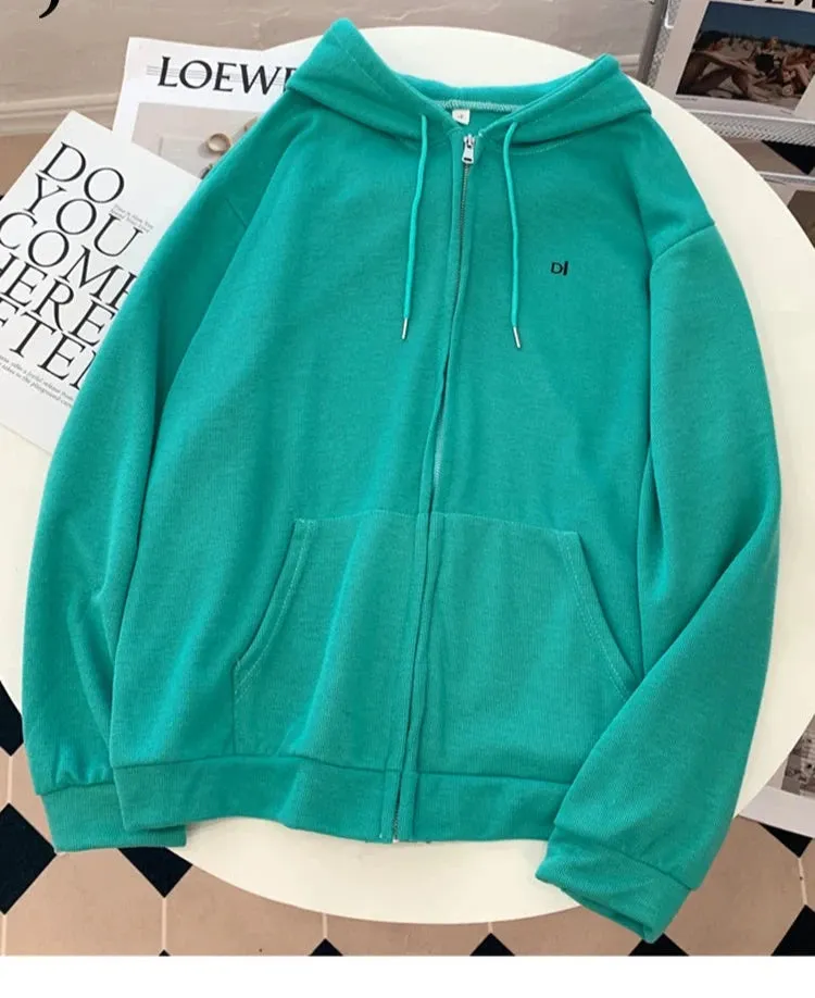Women's Sweatshirts Autumn Hooded Embroidered Letter Hoodies Loose Simple Thin Coat Zip-up Top Female Cardigan 8 Colors