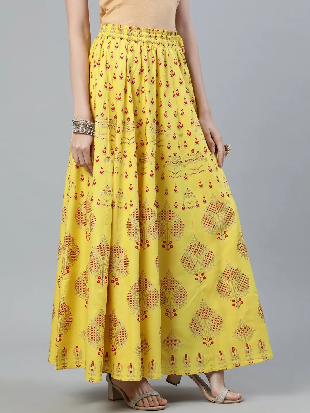 Yellow Gold Printed Maxi Flared Skirt