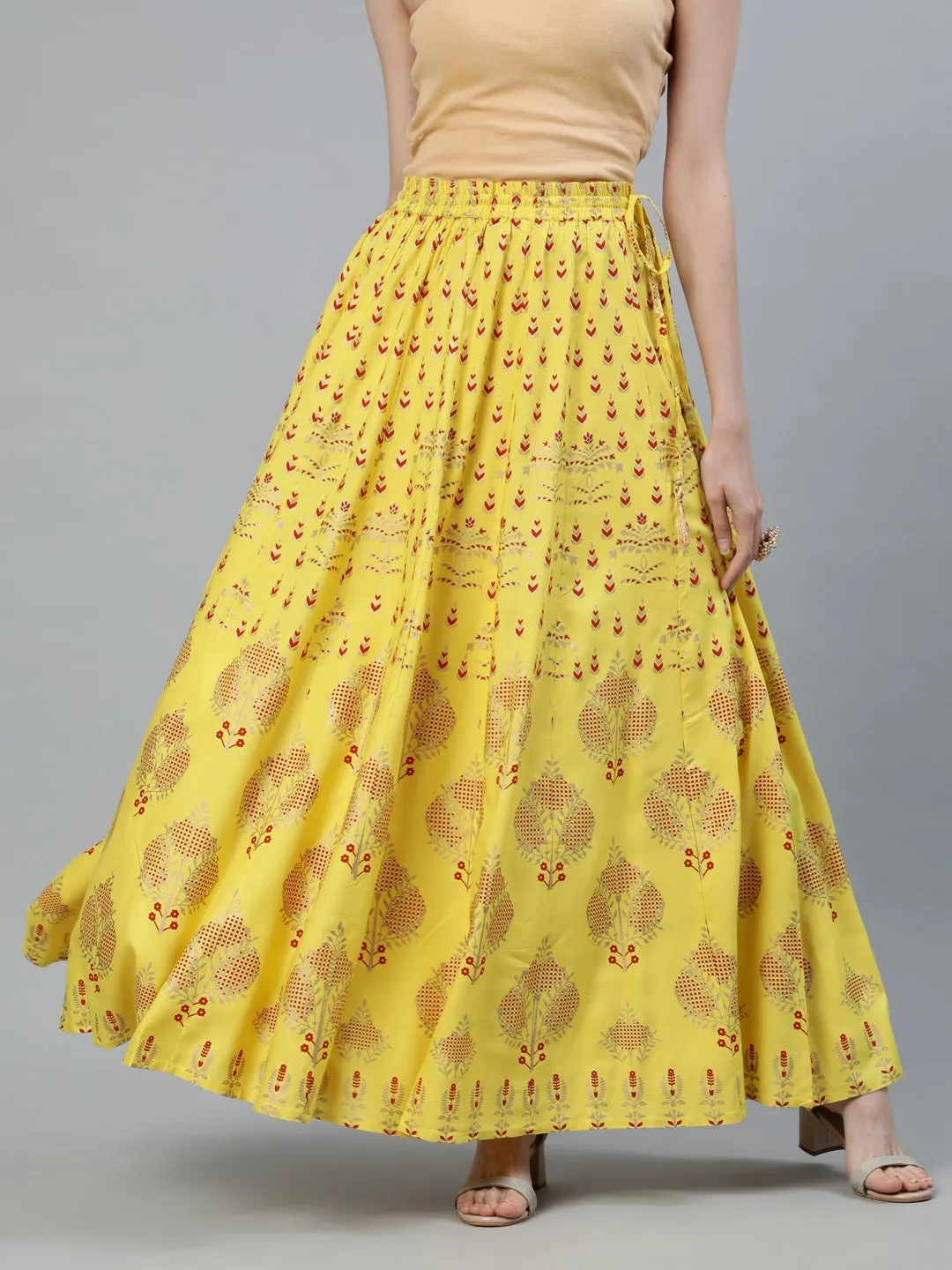 Yellow Gold Printed Maxi Flared Skirt