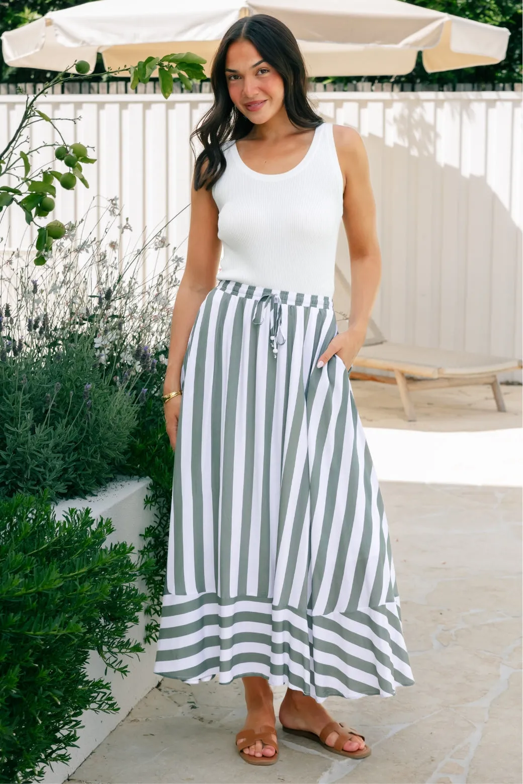 Zena Maxi Skirt Khaki Stripe