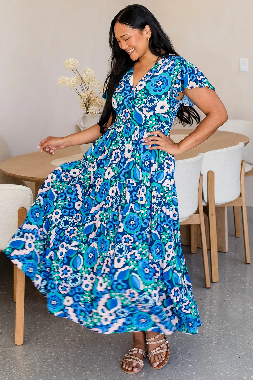 Zoe Tiered Dress Discovery Print Blue Multi
